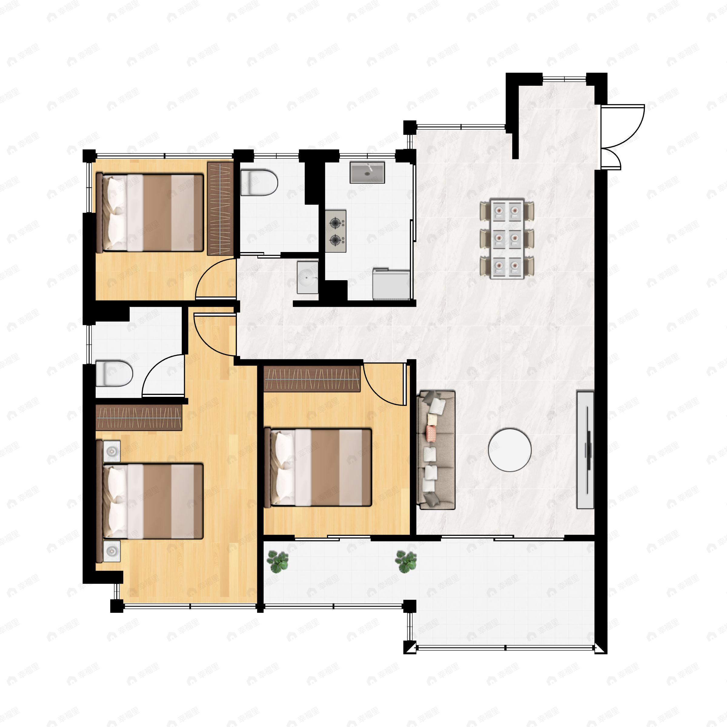 3室2厅2卫建面109m²南户型图