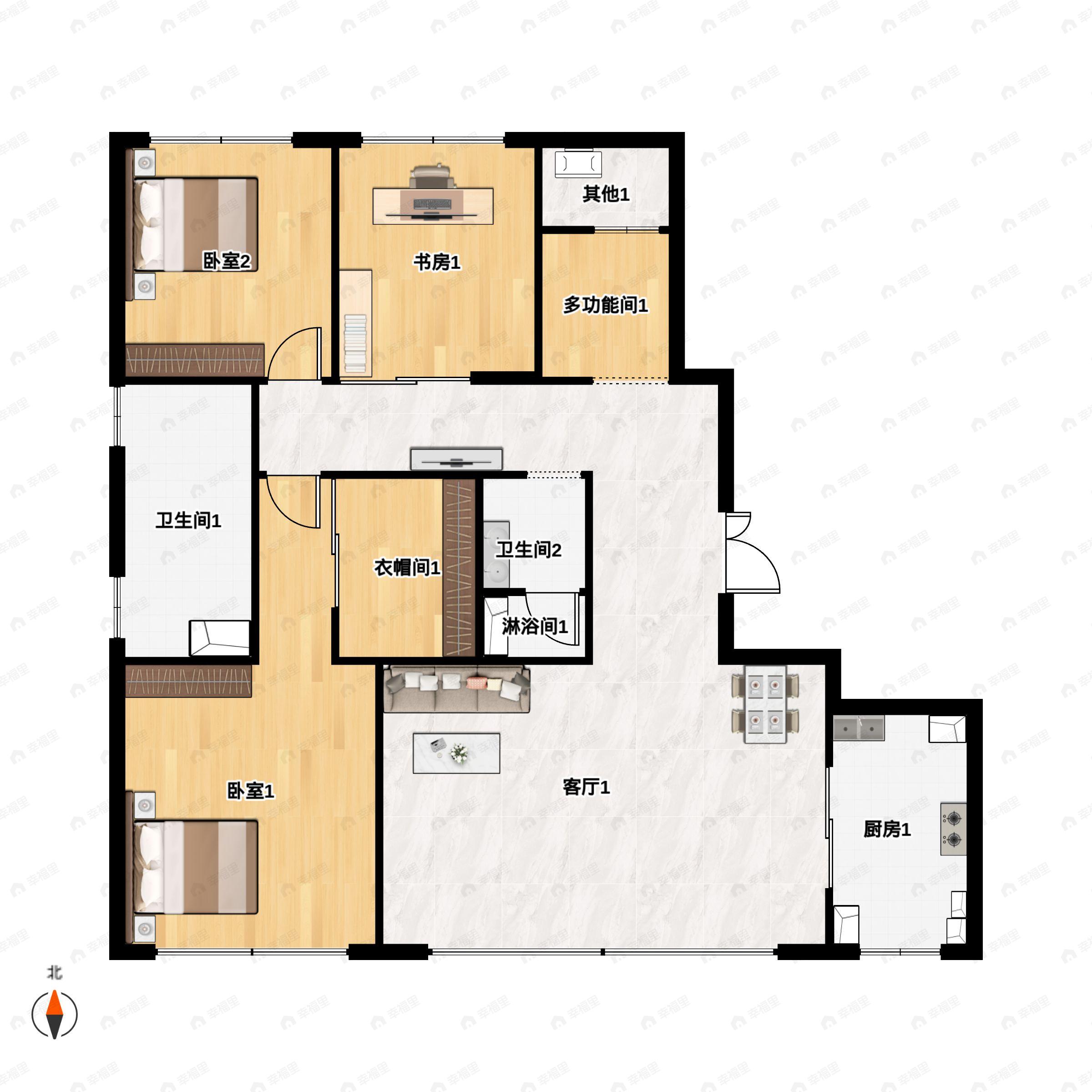 3室2厅2卫建面154m²南户型图