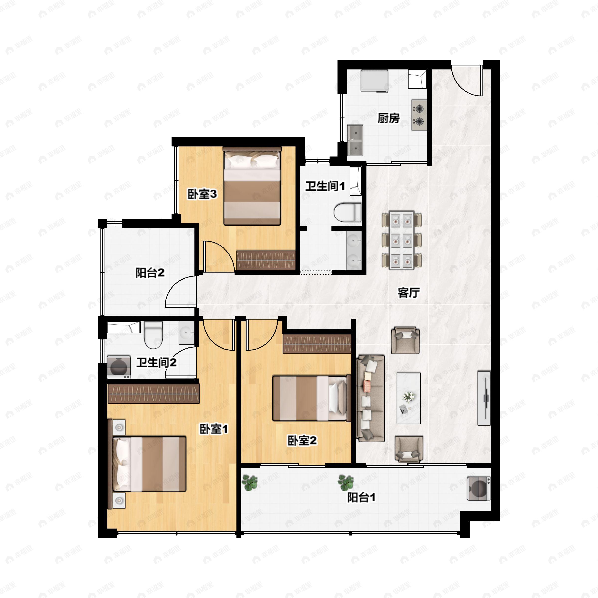 3室2厅2卫建面126平西南户型图