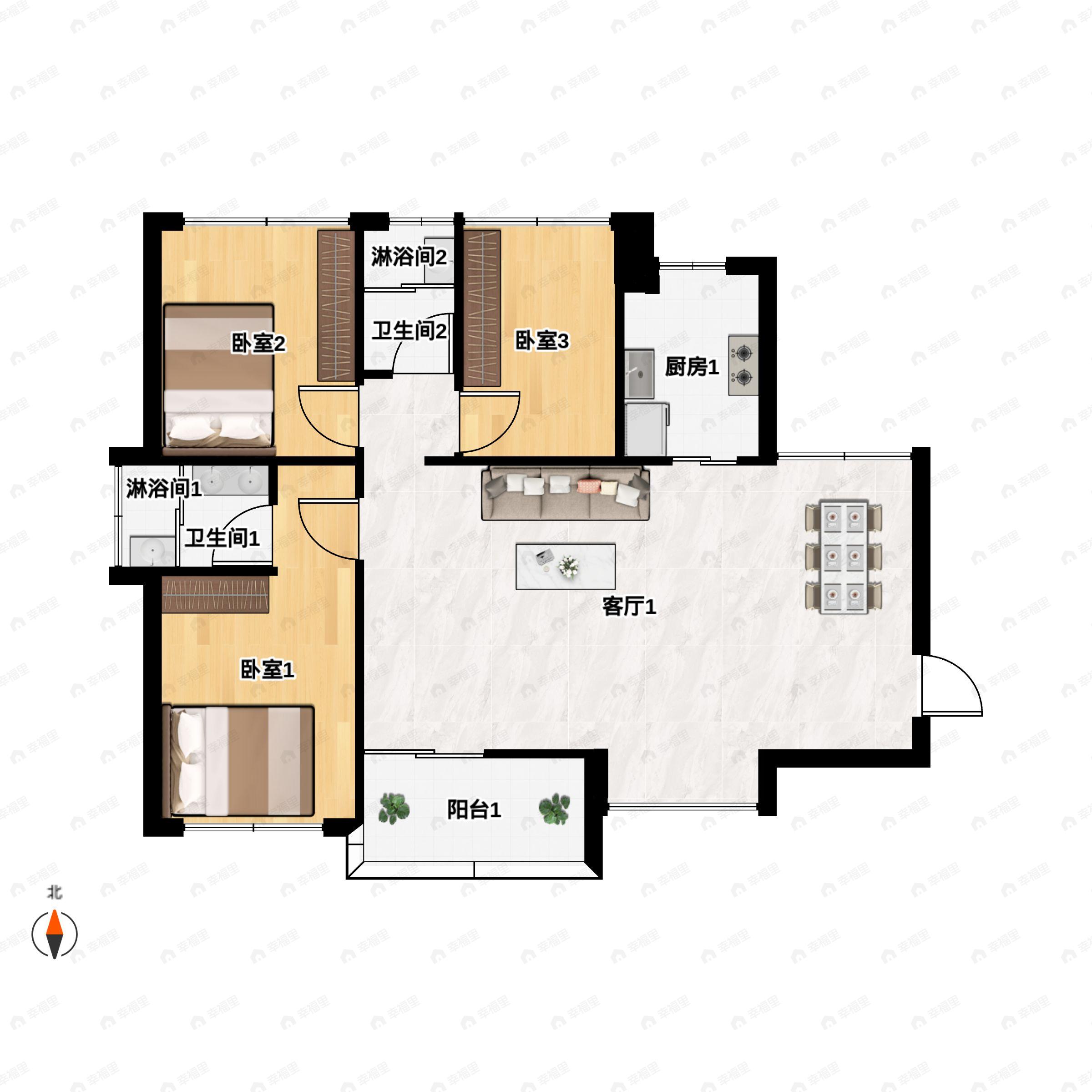 2室2厅2卫建面75平户型图