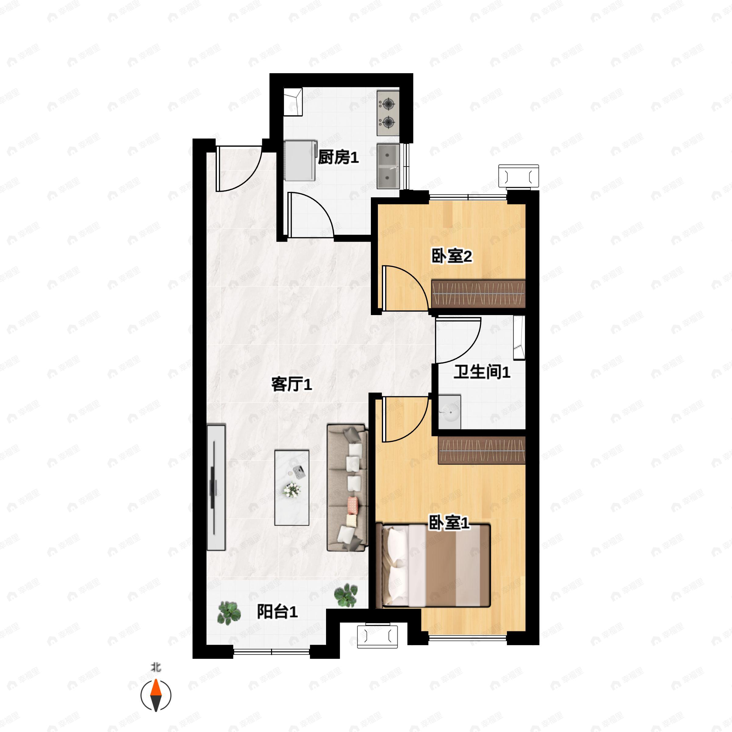 2室2厅1卫建面73m²南|北户型图
