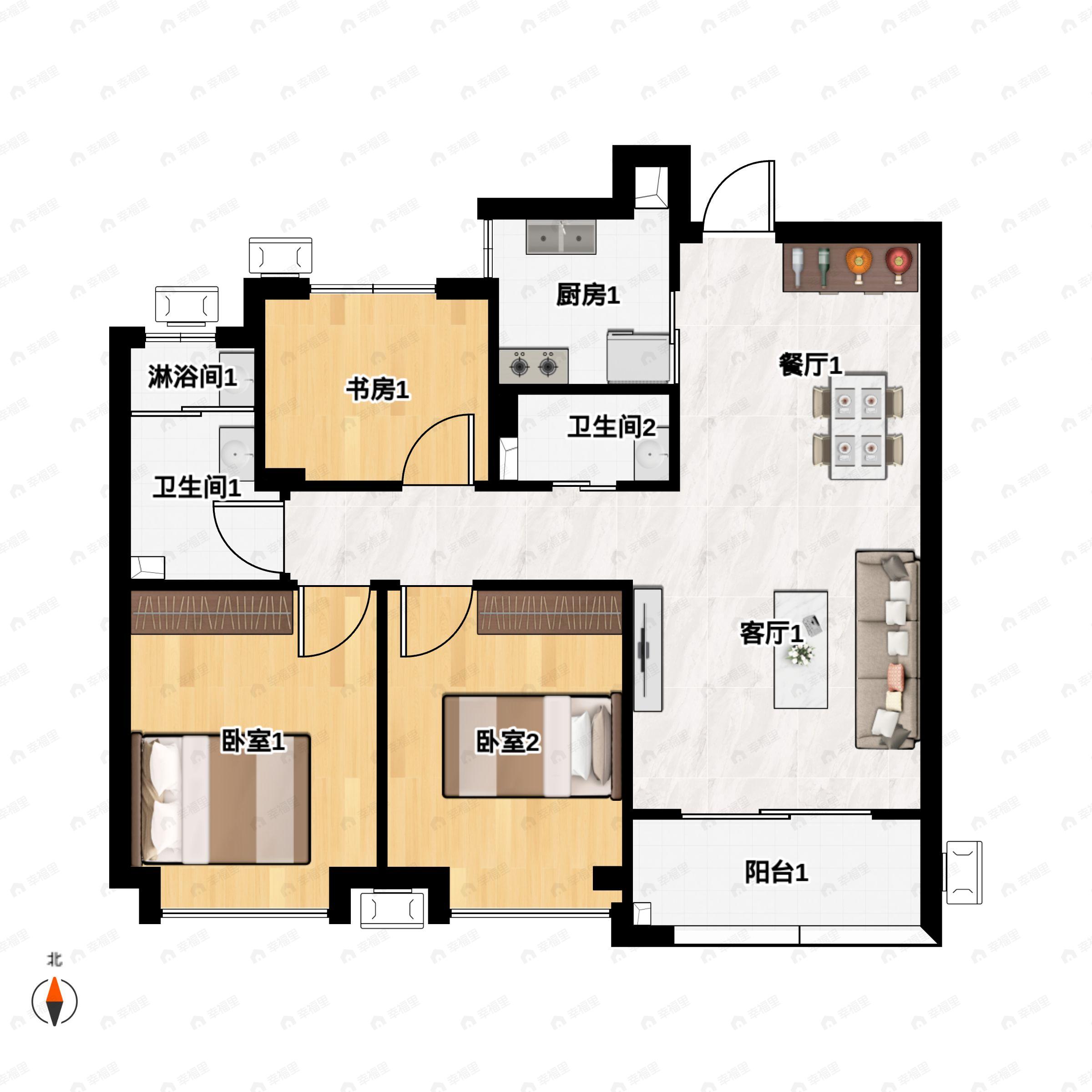 3室2厅2卫建面104平户型图