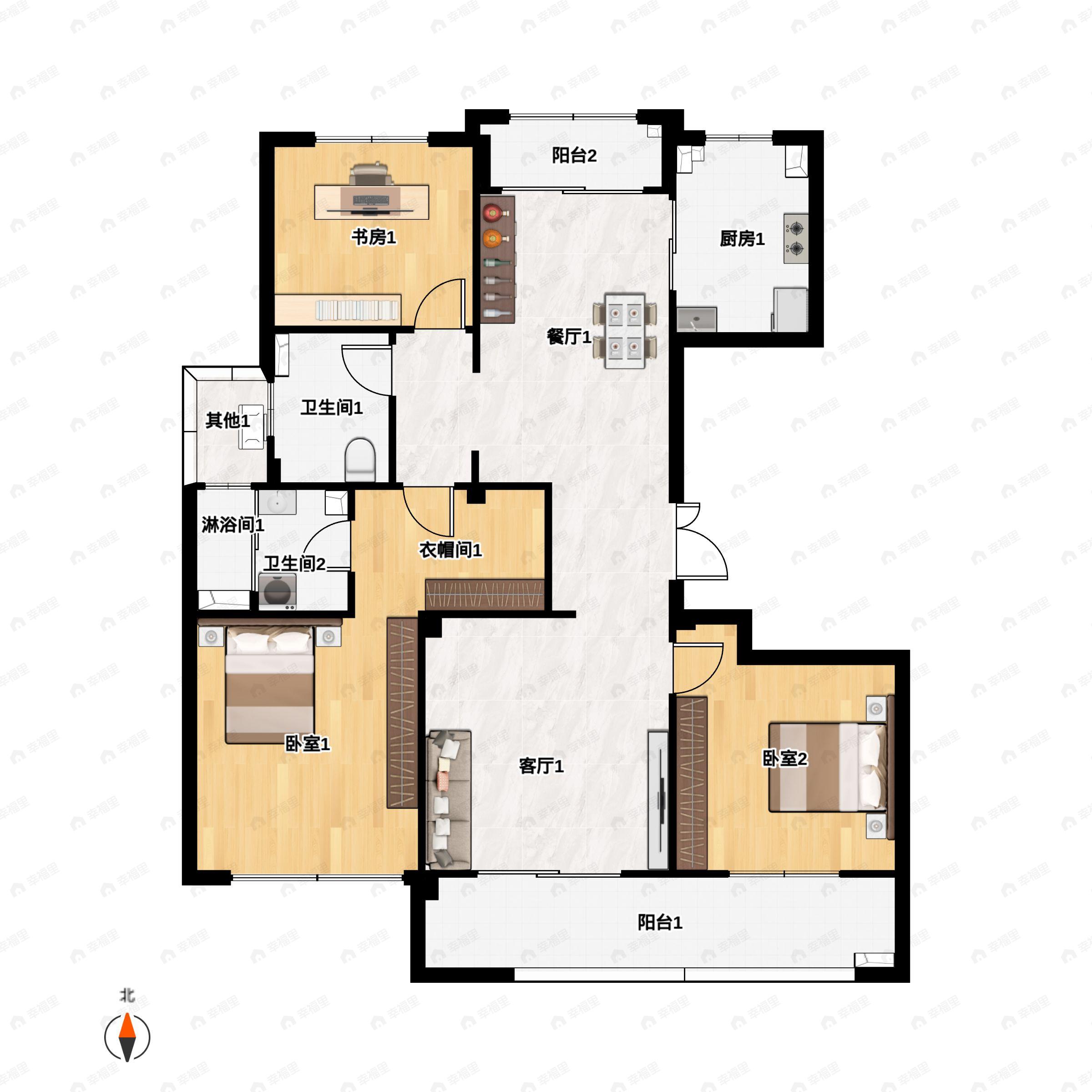 3室2厅2卫建面140m²北户型图