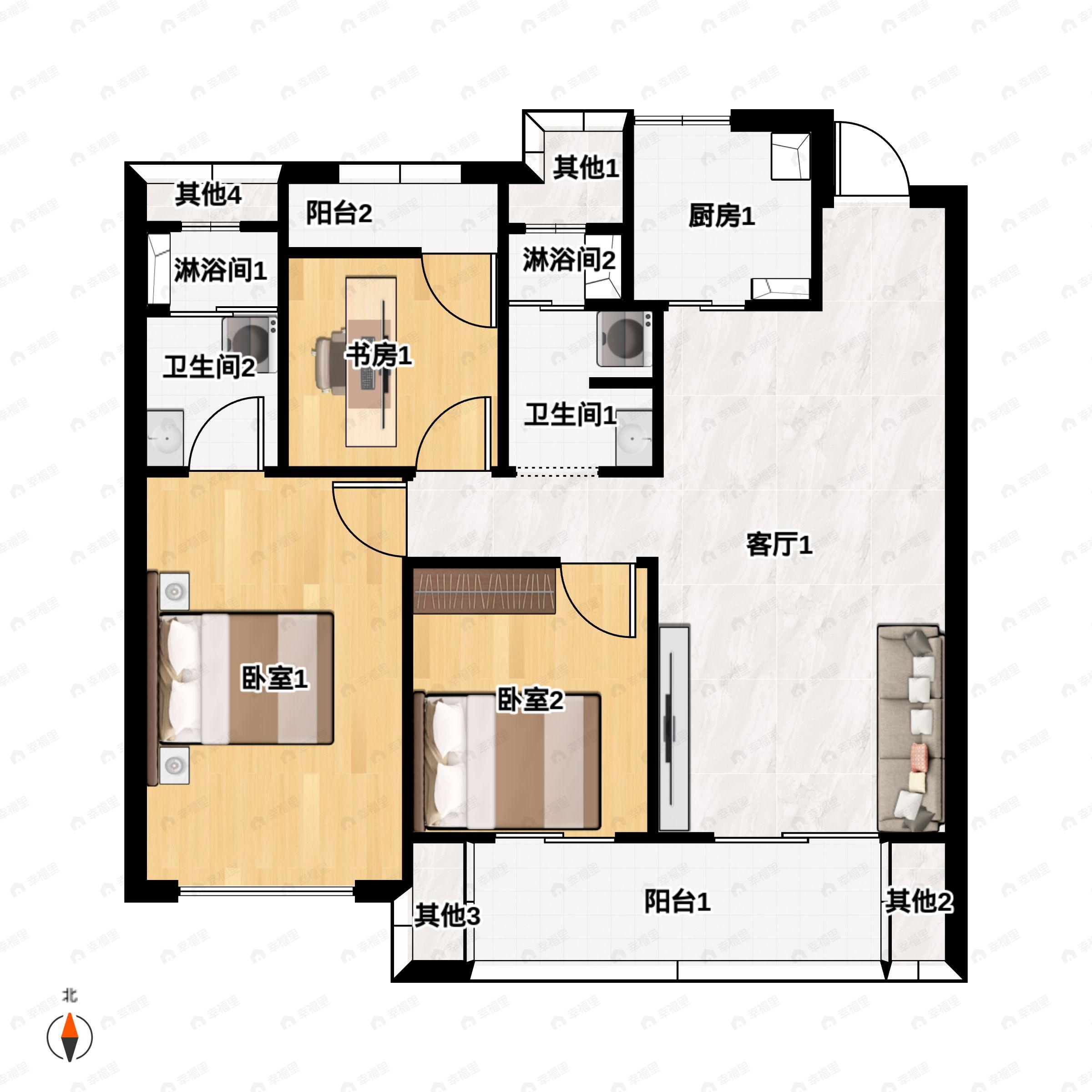 3室2厅2卫建面105平南户型图