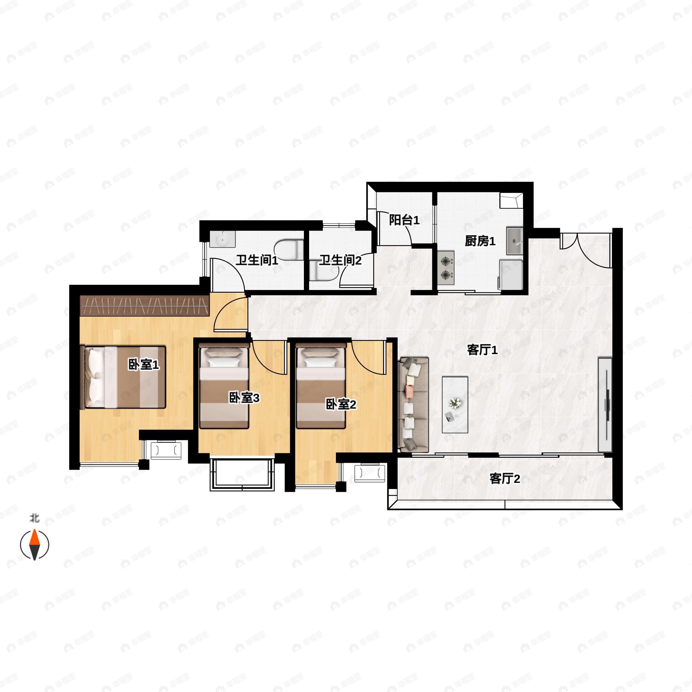 3室2厅2卫建面99m²南户型图