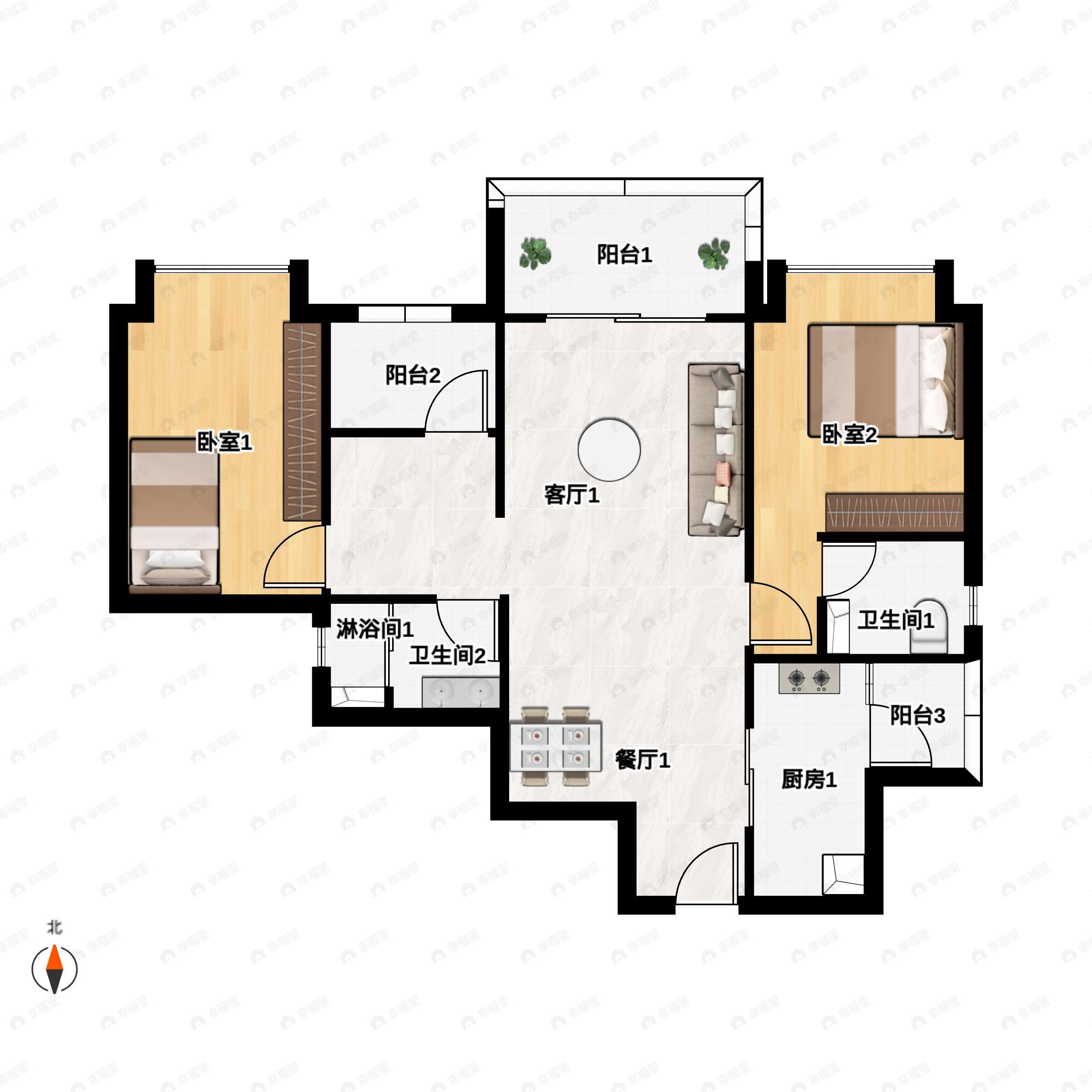 2室2厅2卫建面98m²南|北户型图