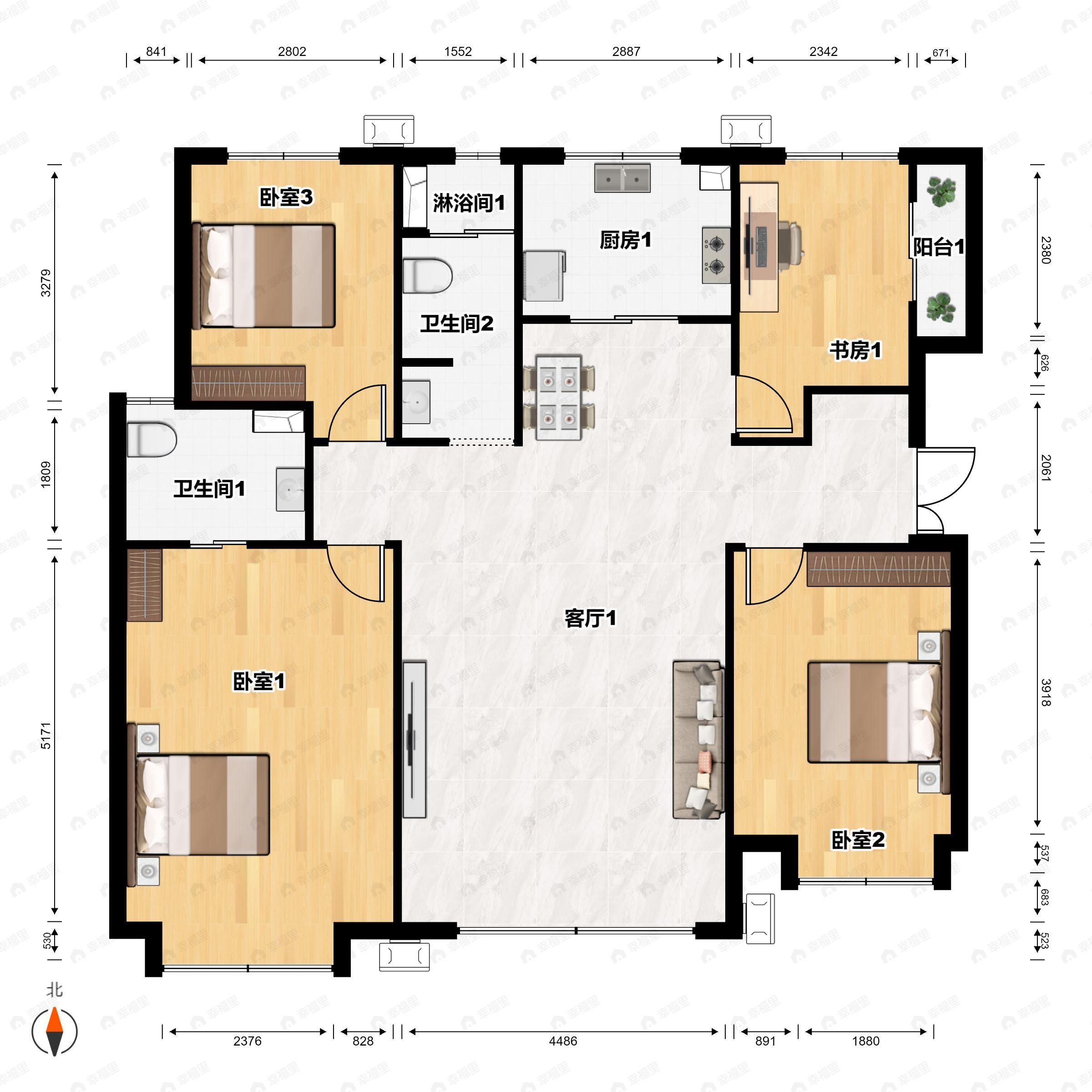 4室2厅2卫建面143平南户型图