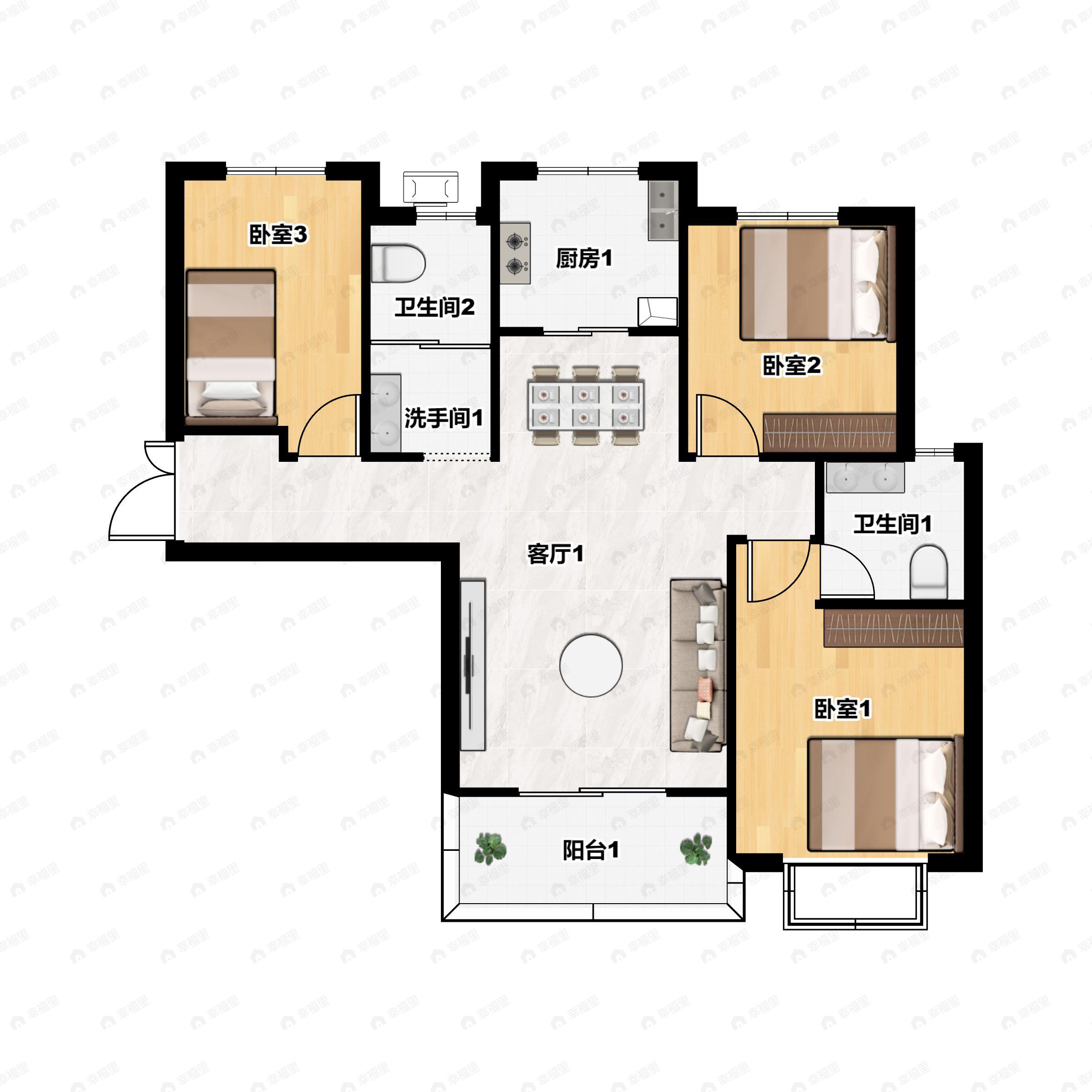 3室2厅2卫建面114平户型图