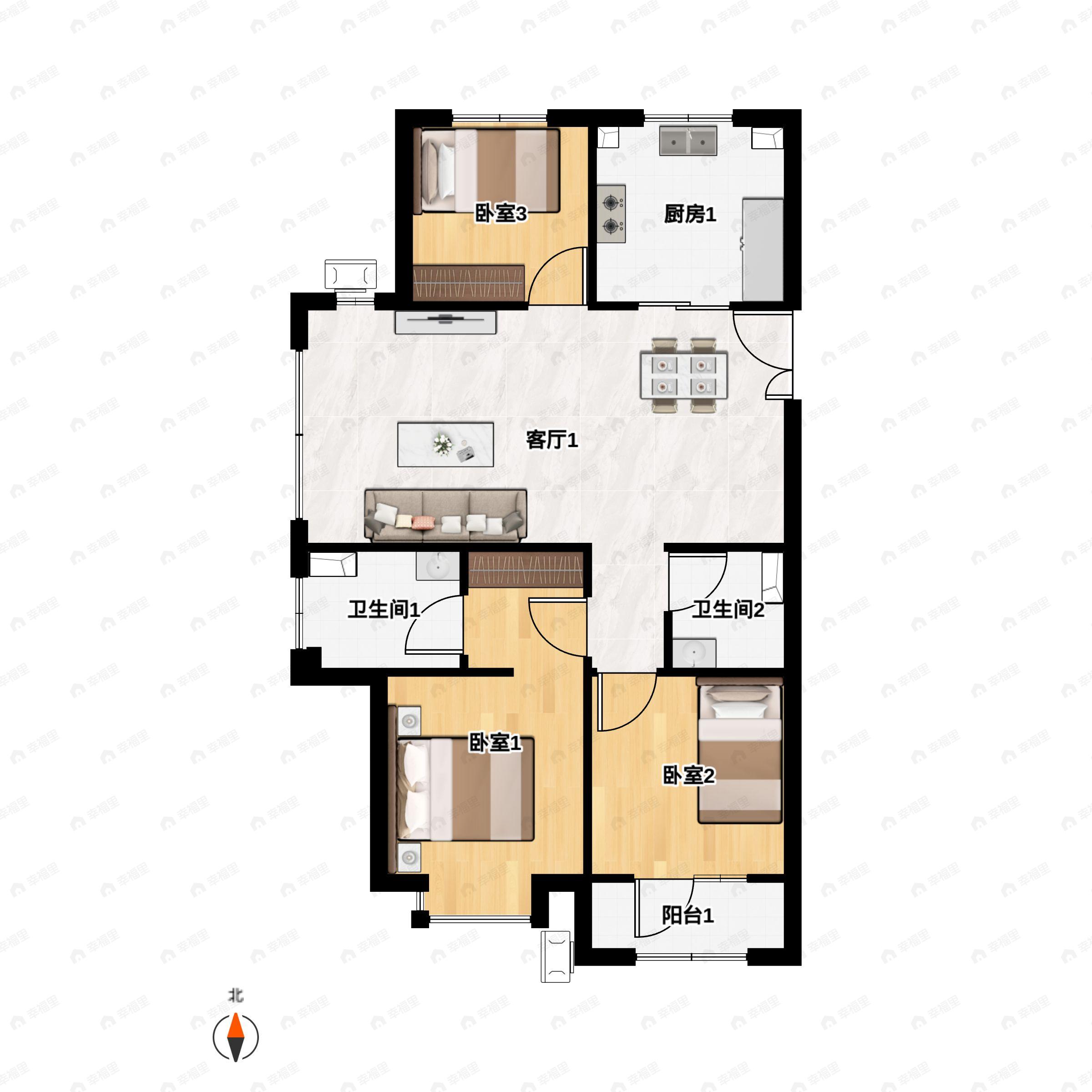 3室2厅2卫建面128平南|北户型图