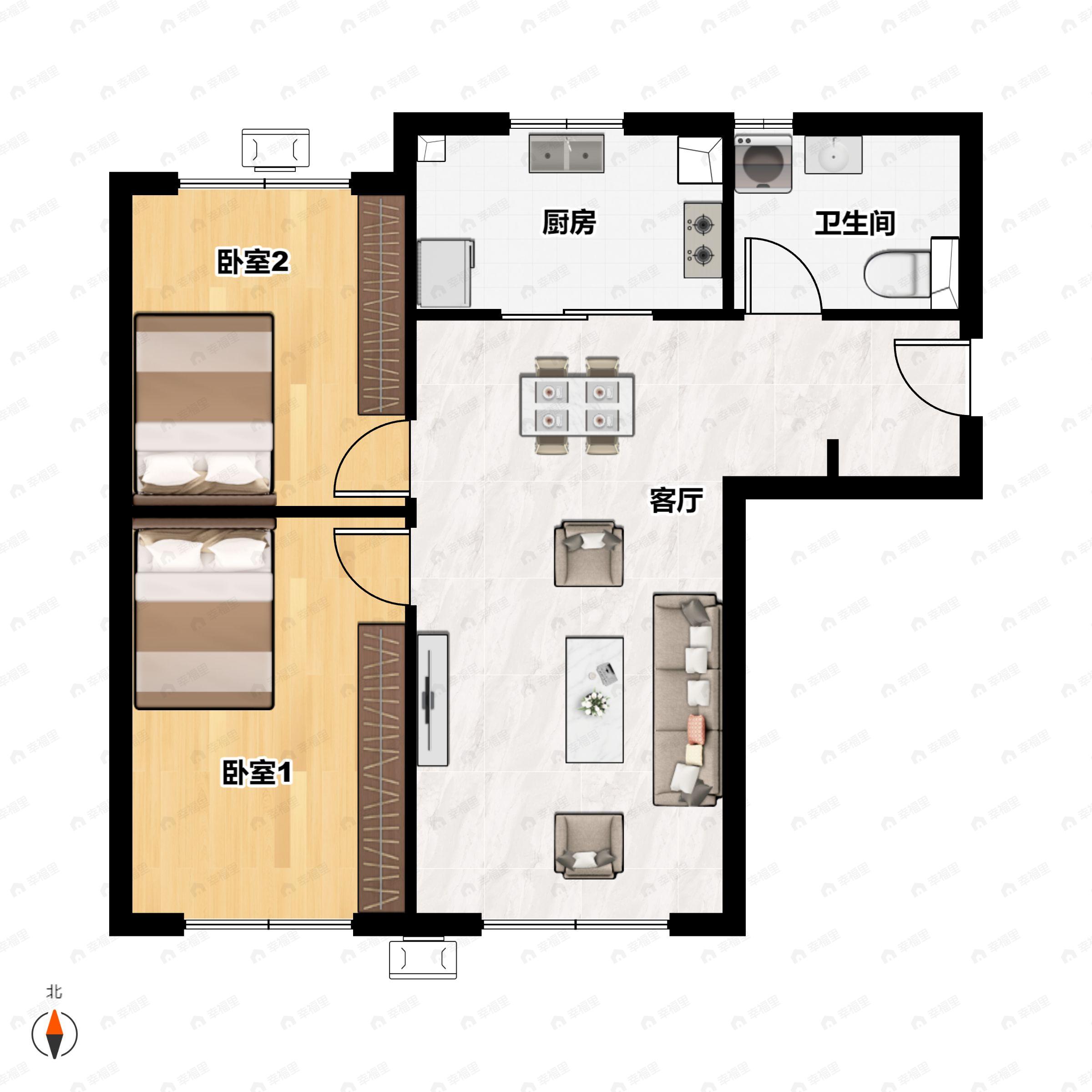 2室2厅1卫建面75m²南|北户型图