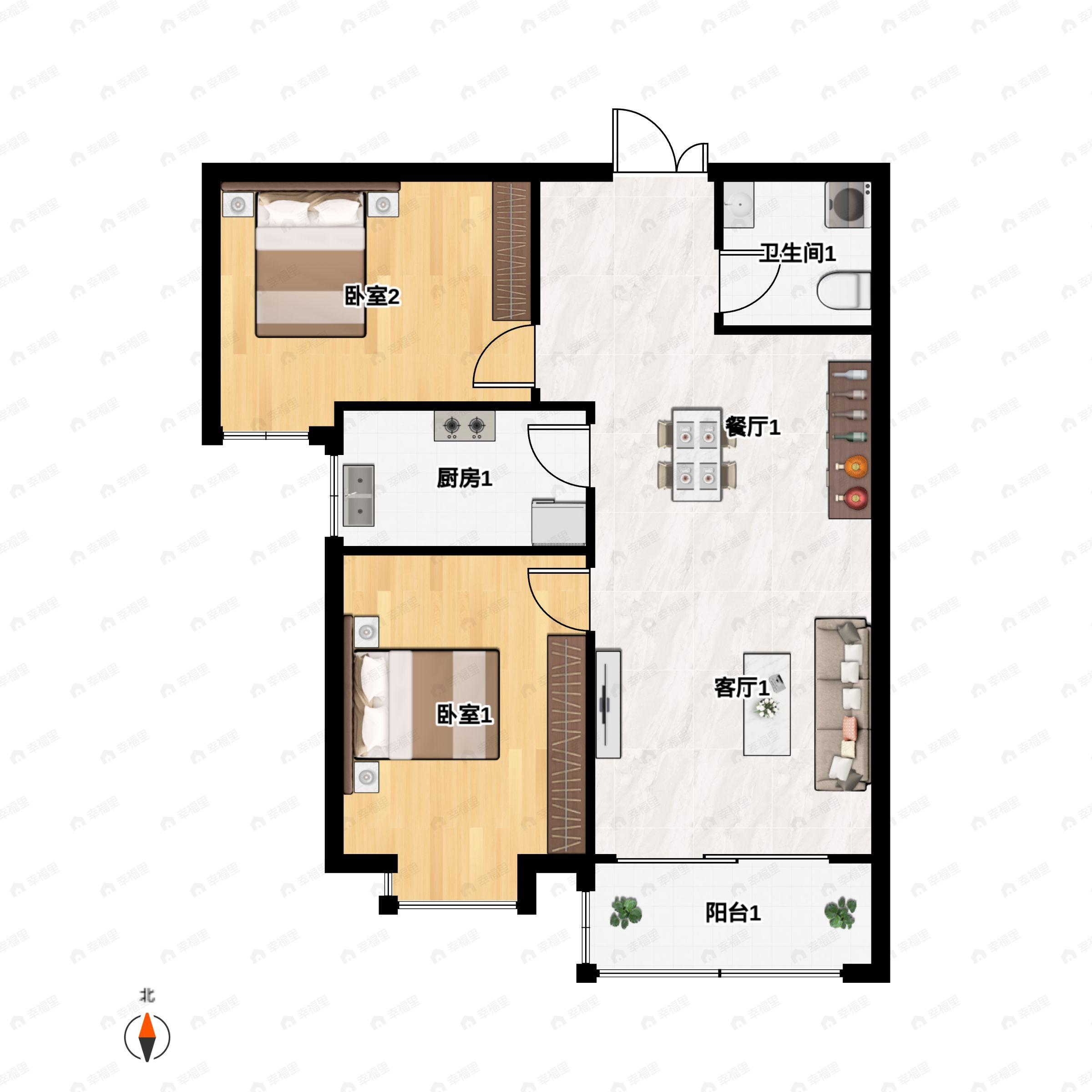 2室2厅1卫建面88m²北|南户型图