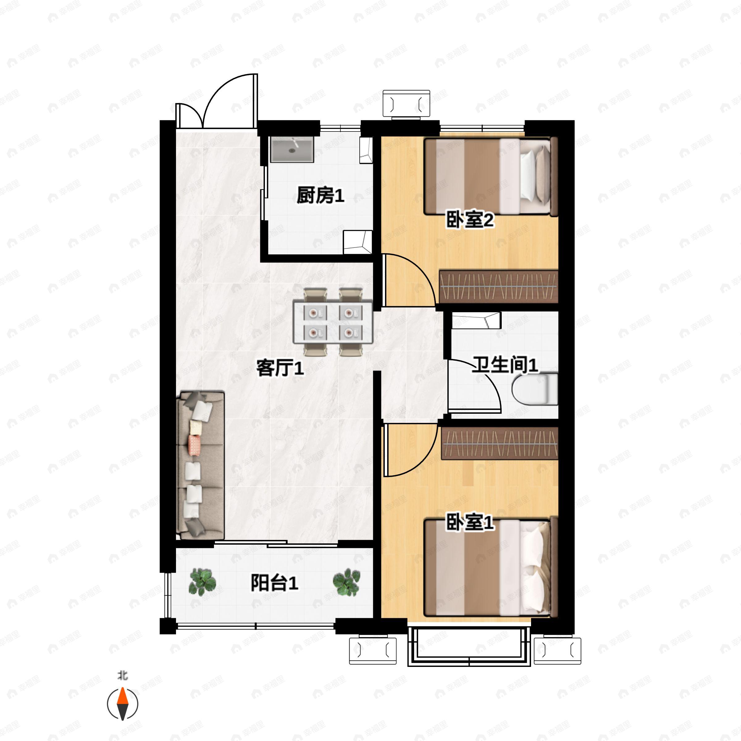 2室2厅1卫建面86平北|南户型图