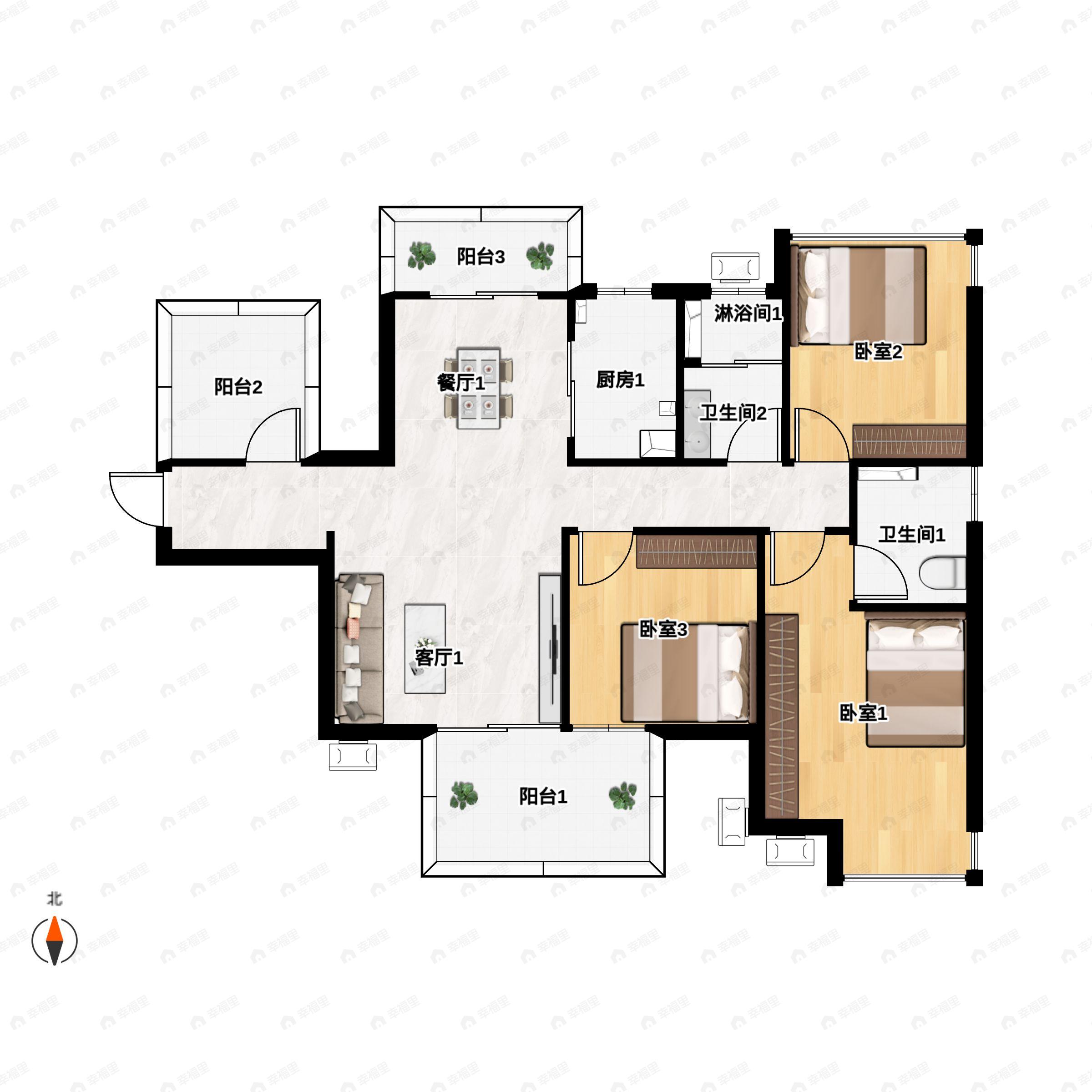 3室2厅2卫建面120平户型图