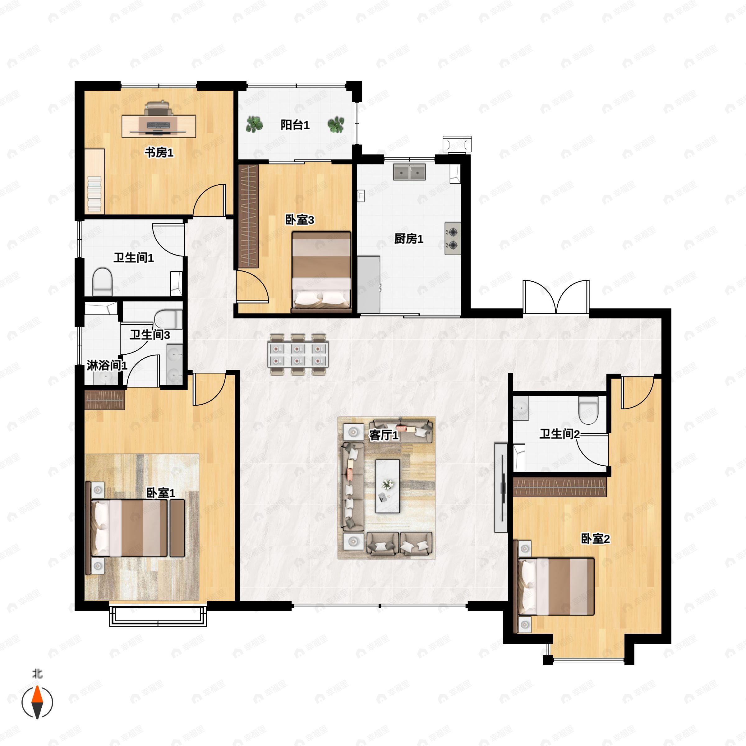 4室2厅3卫建面186平南|北户型图