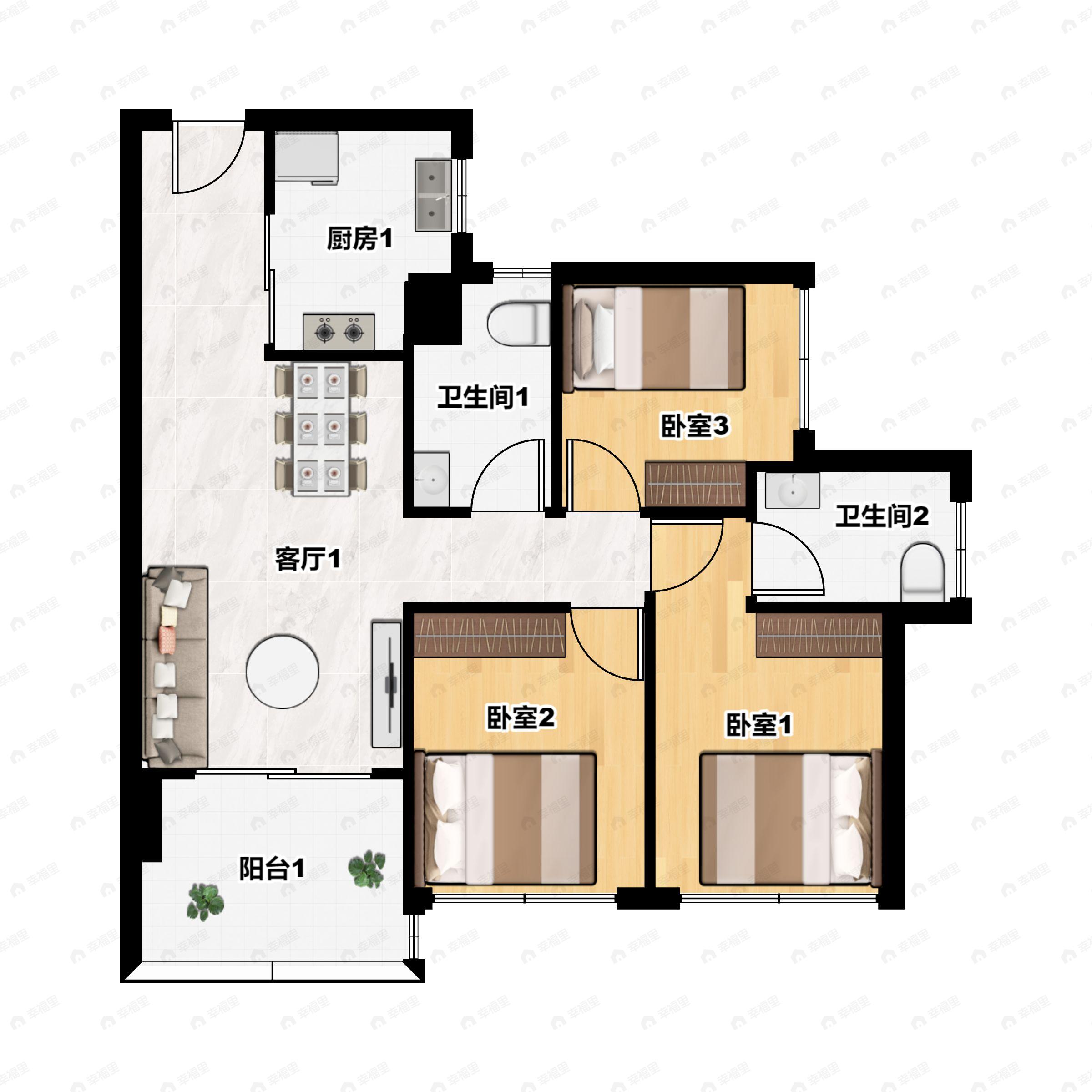3室2厅2卫建面89平户型图