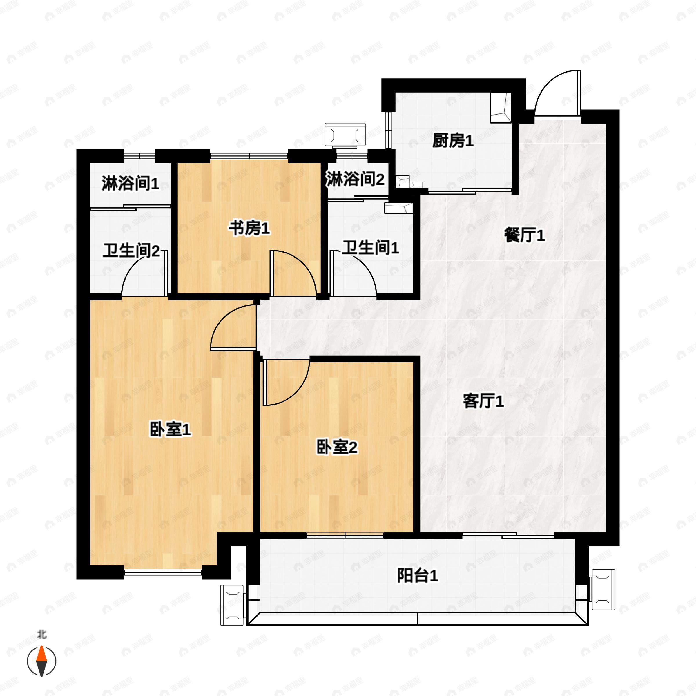 3室2厅2卫建面108平南|北户型图
