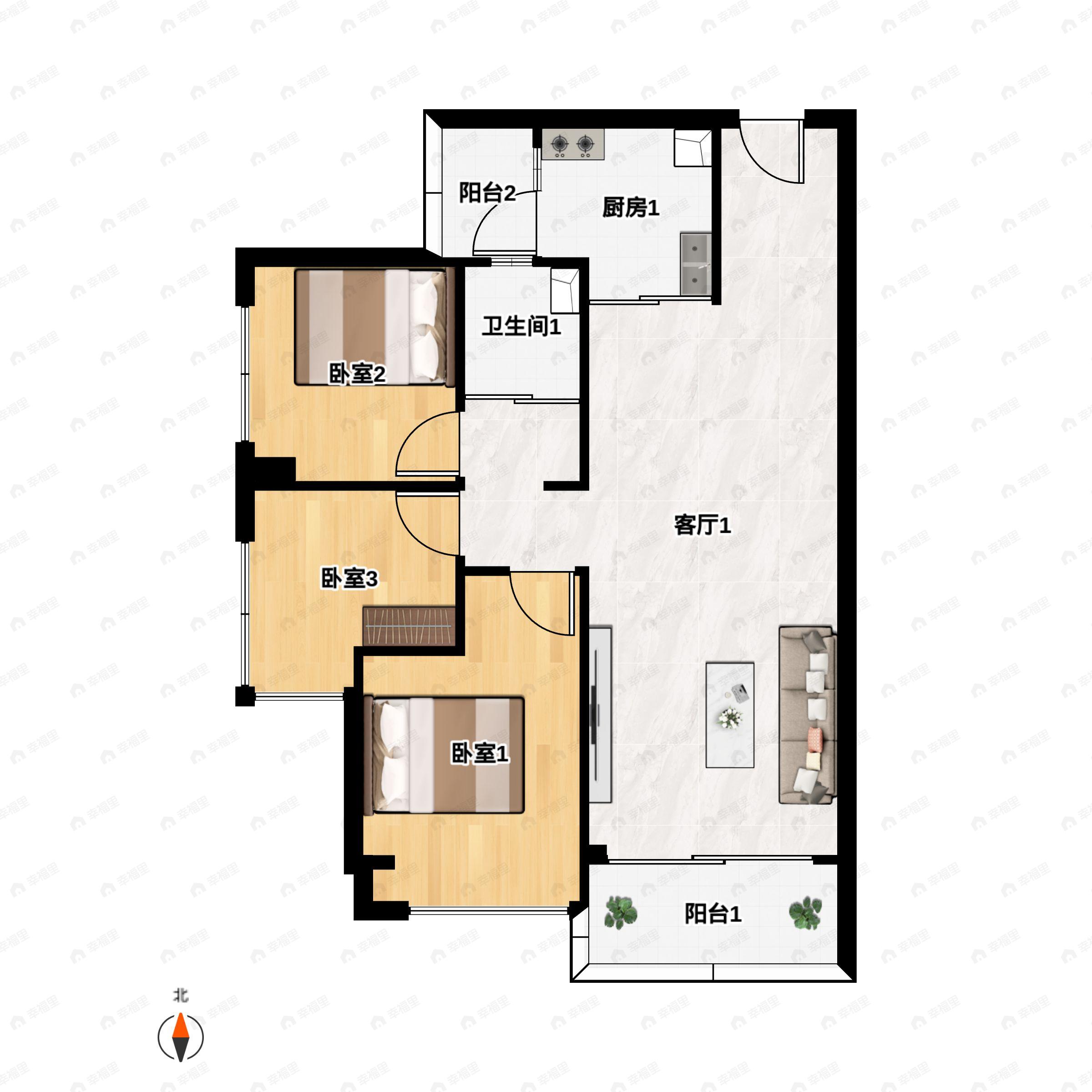 3室2厅1卫建面87m²南户型图