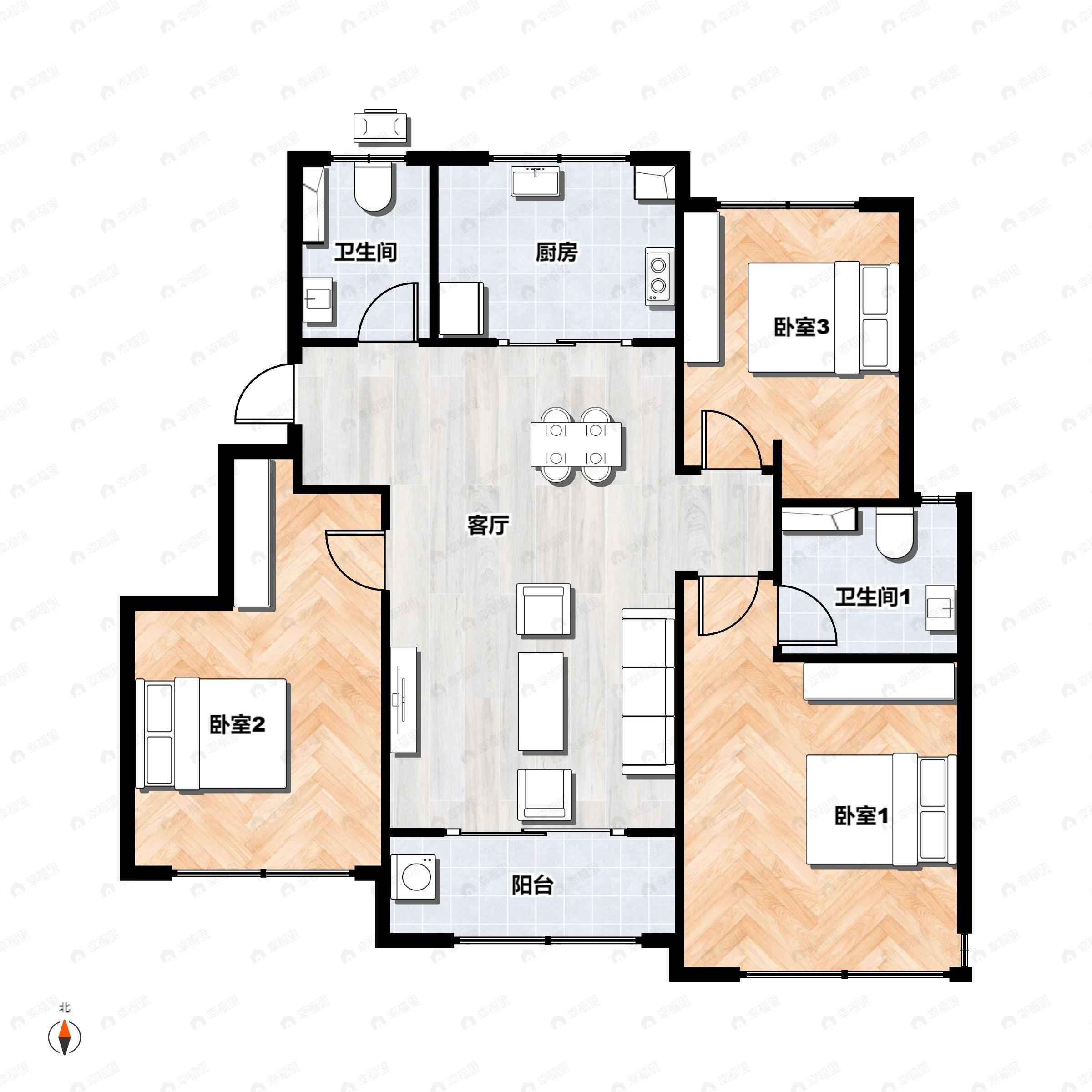 3室2厅2卫建面102平南|北户型图