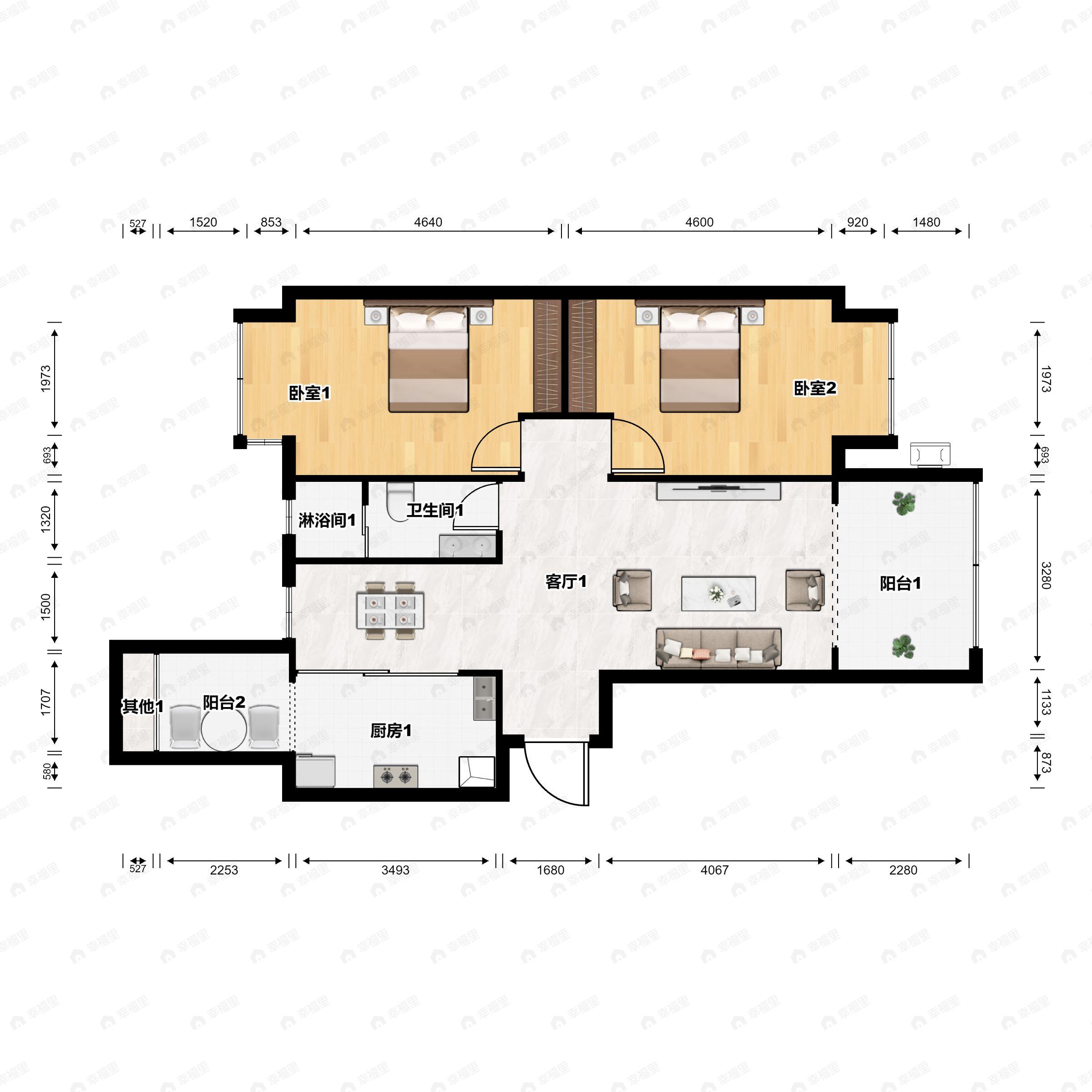 2室1厅1卫建面87平南户型图