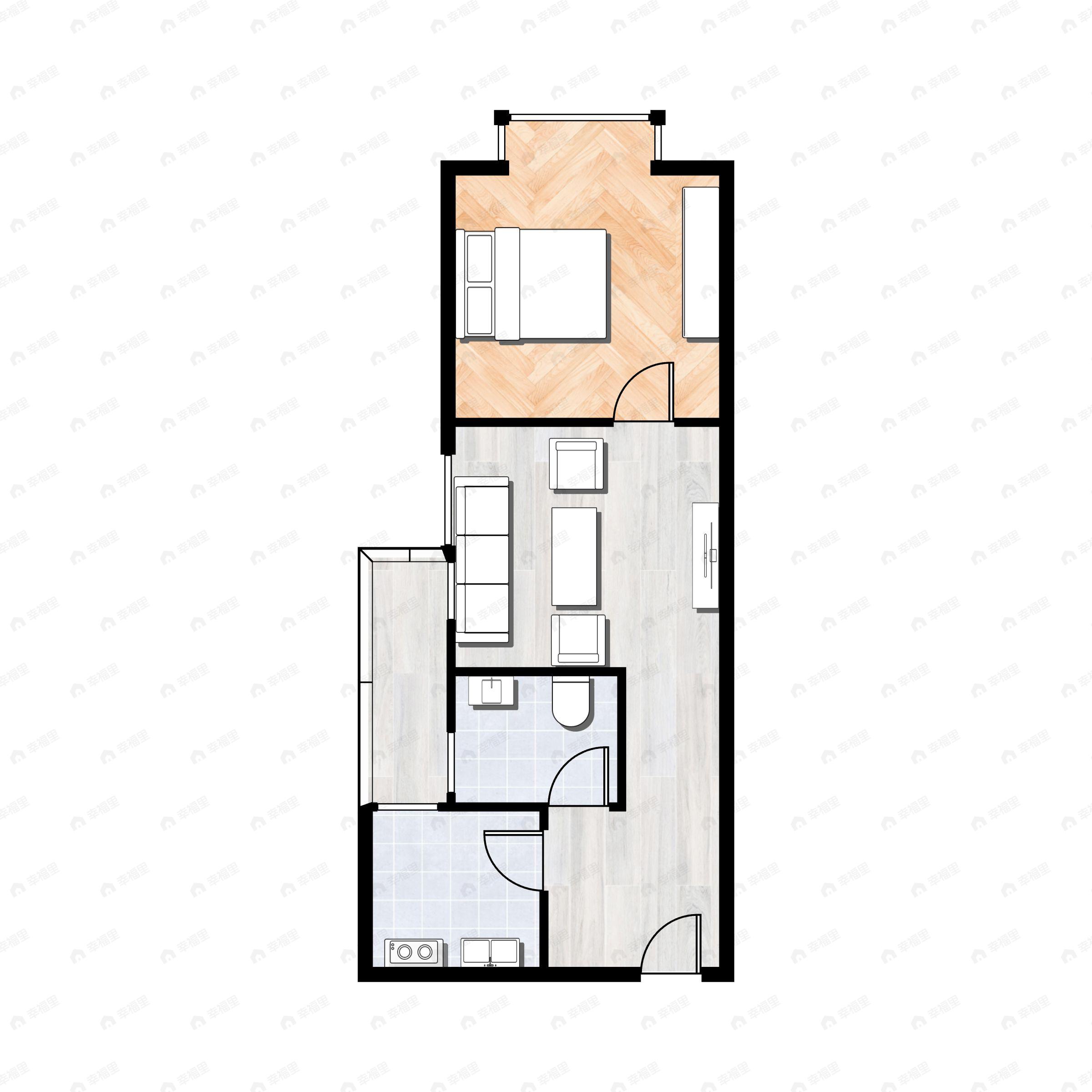 1室1厅1卫建面46m²东|西户型图