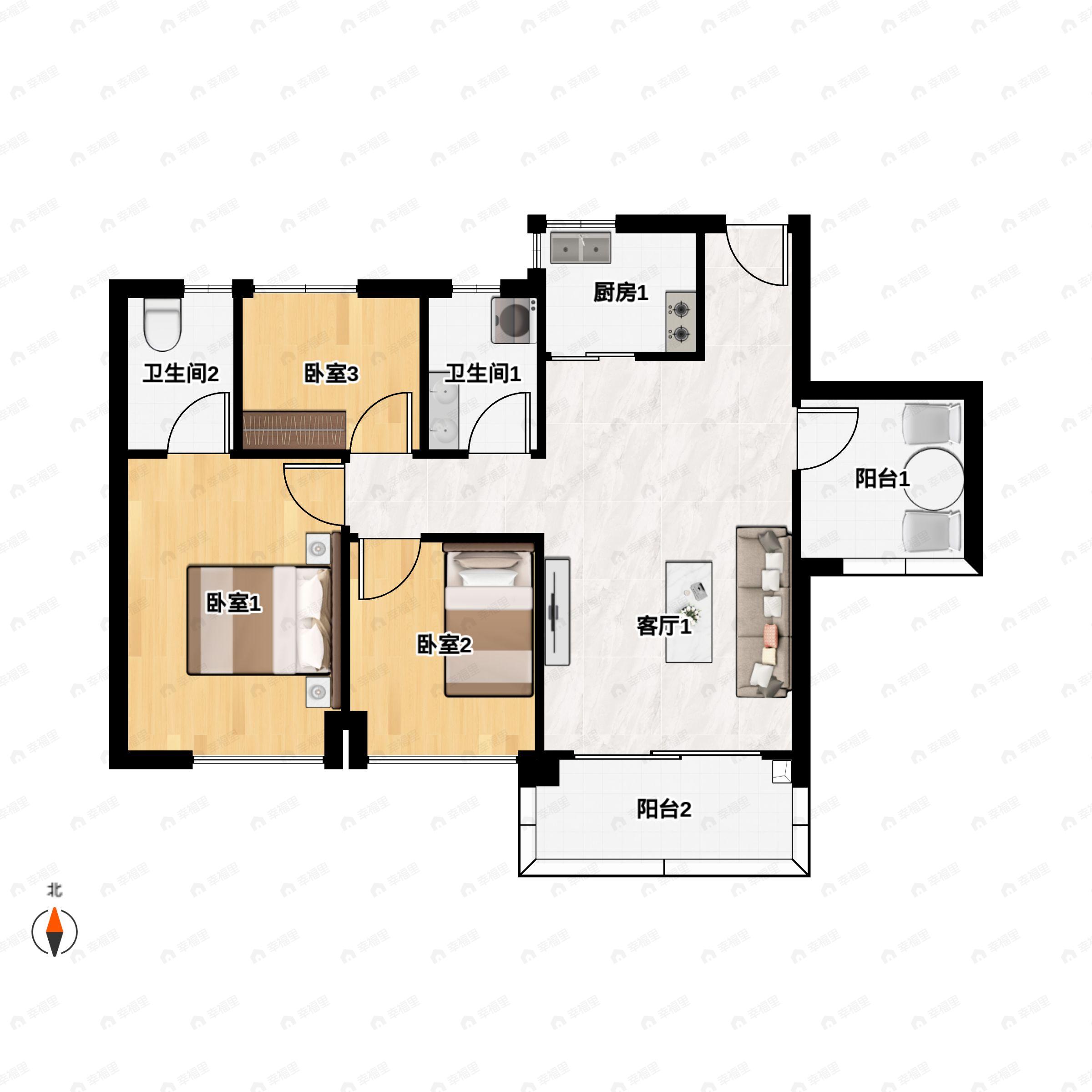 3室2厅2卫建面91m²南|北户型图