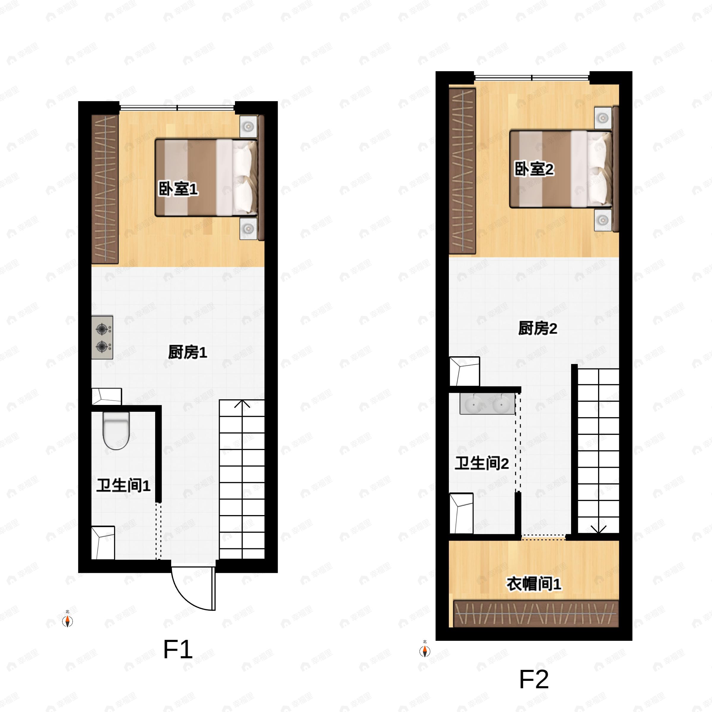 2室1厅2卫建面45平北户型图