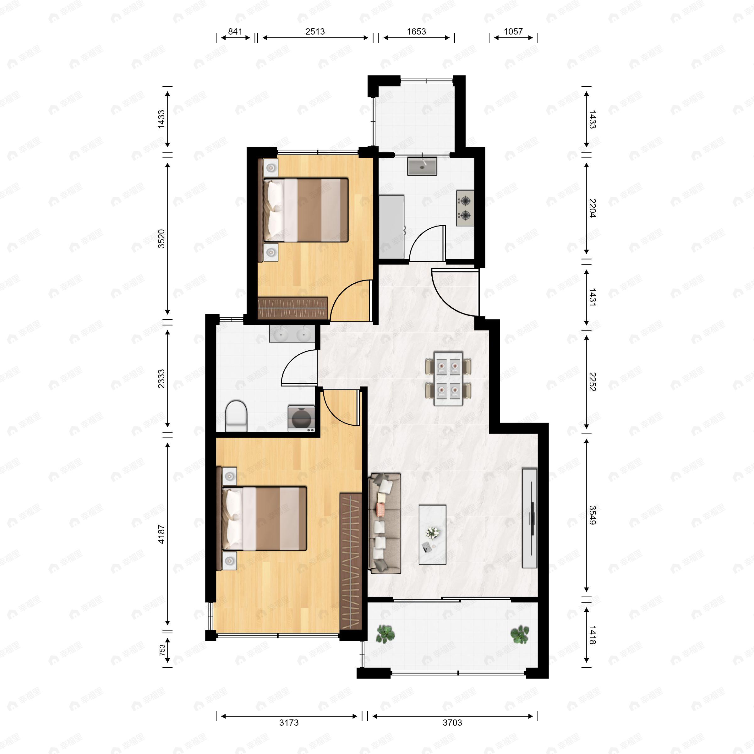 2室2厅1卫建面82平南|北户型图