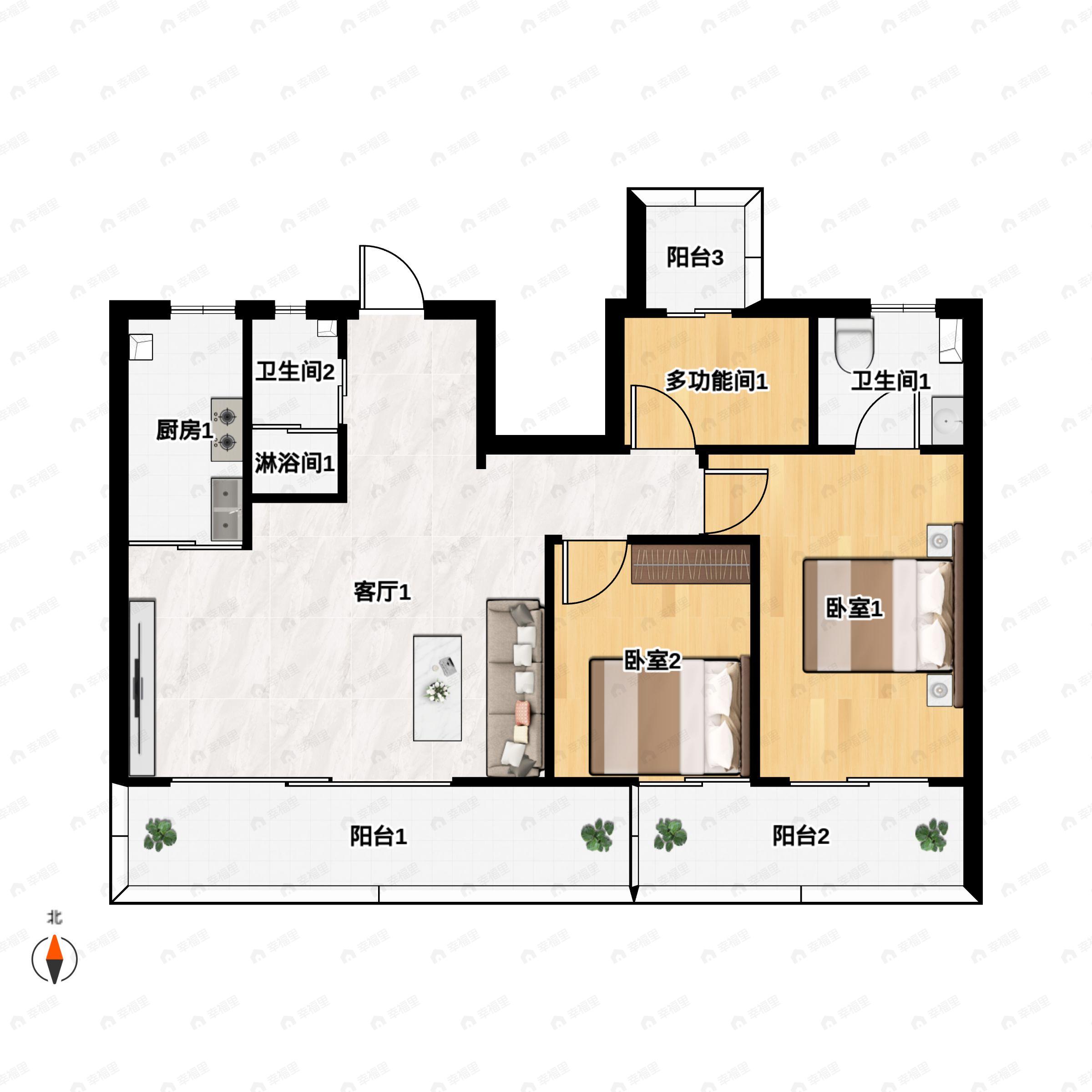 3室2厅2卫建面118m²南户型图