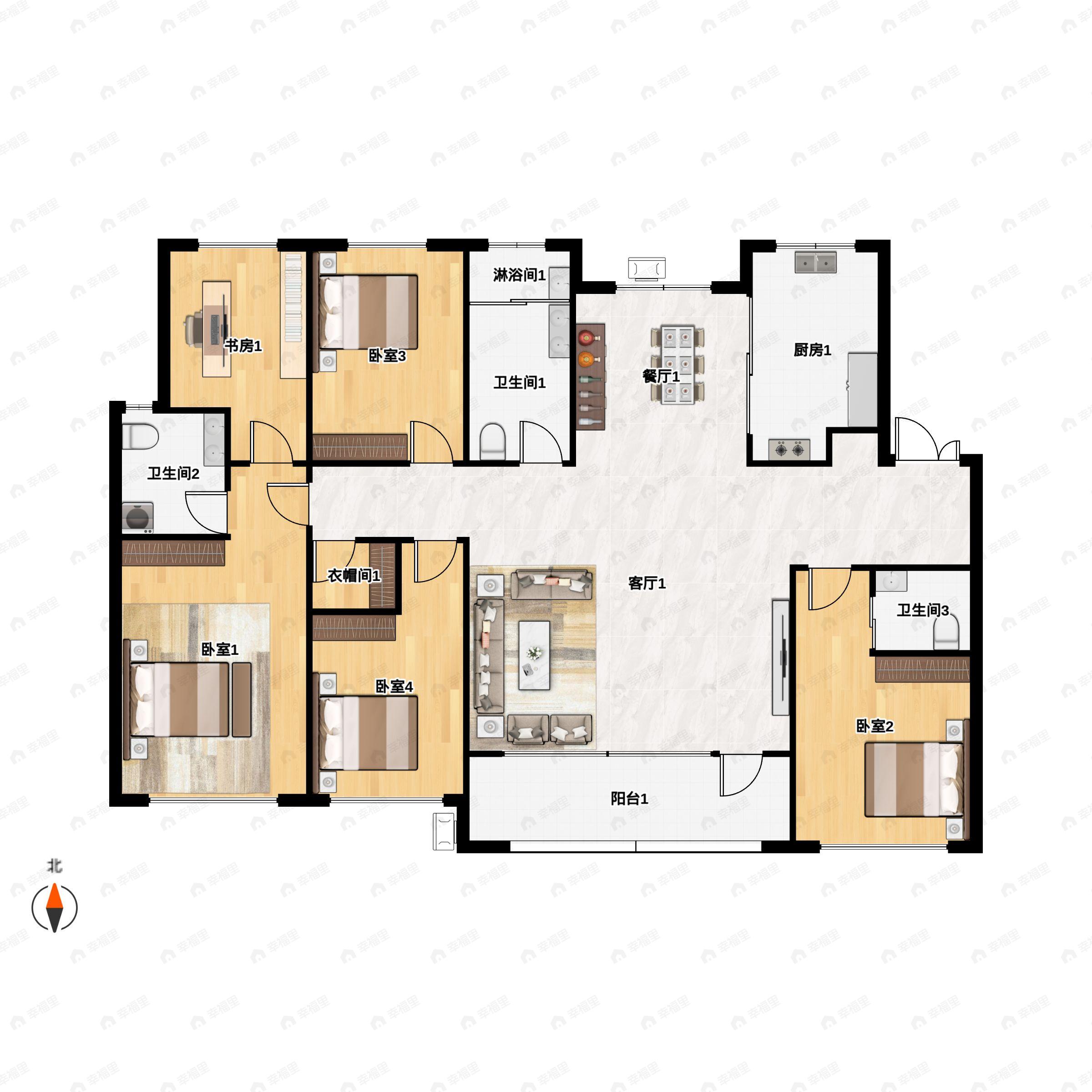 5室2厅3卫建面166平北|南户型图