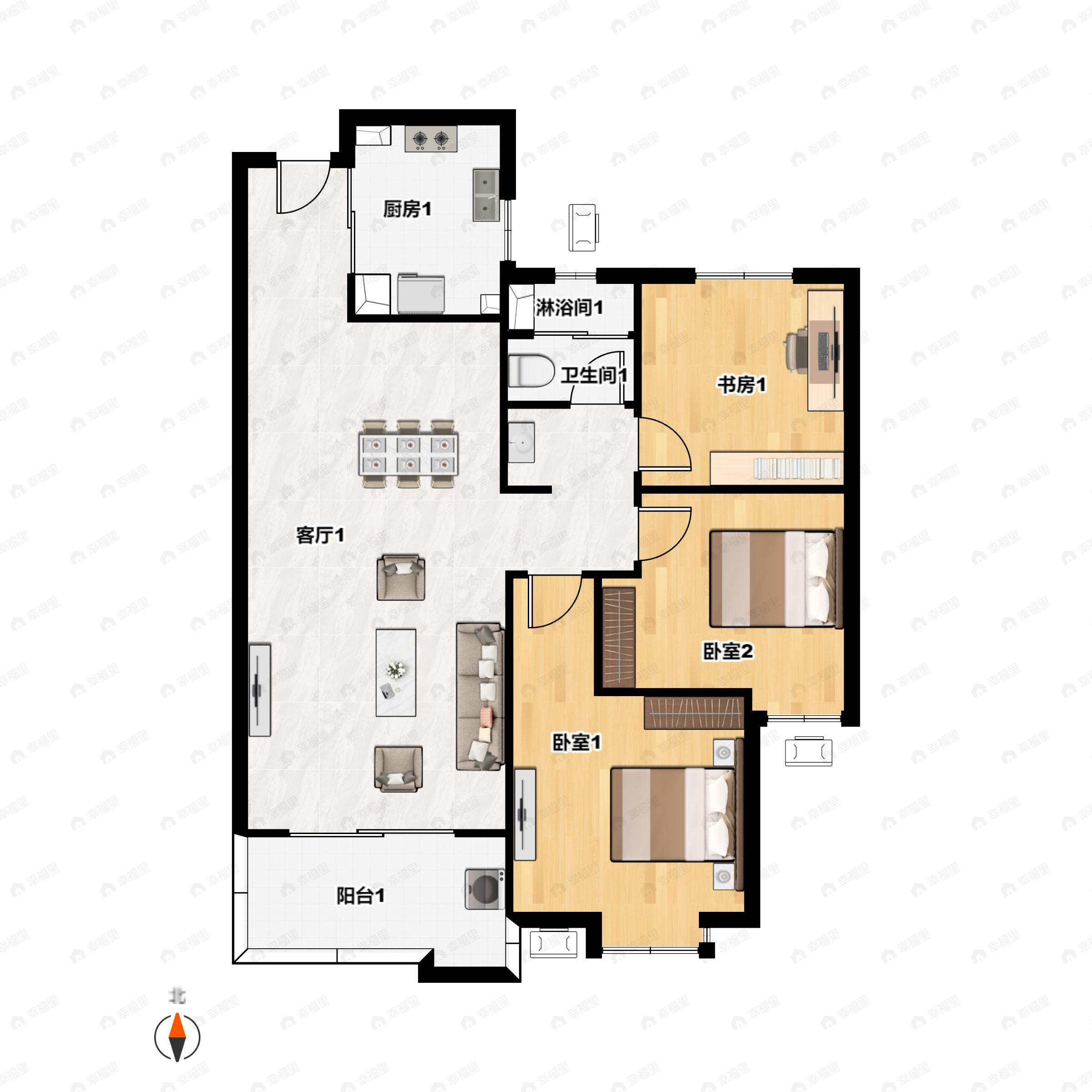 3室2厅1卫建面114平南户型图