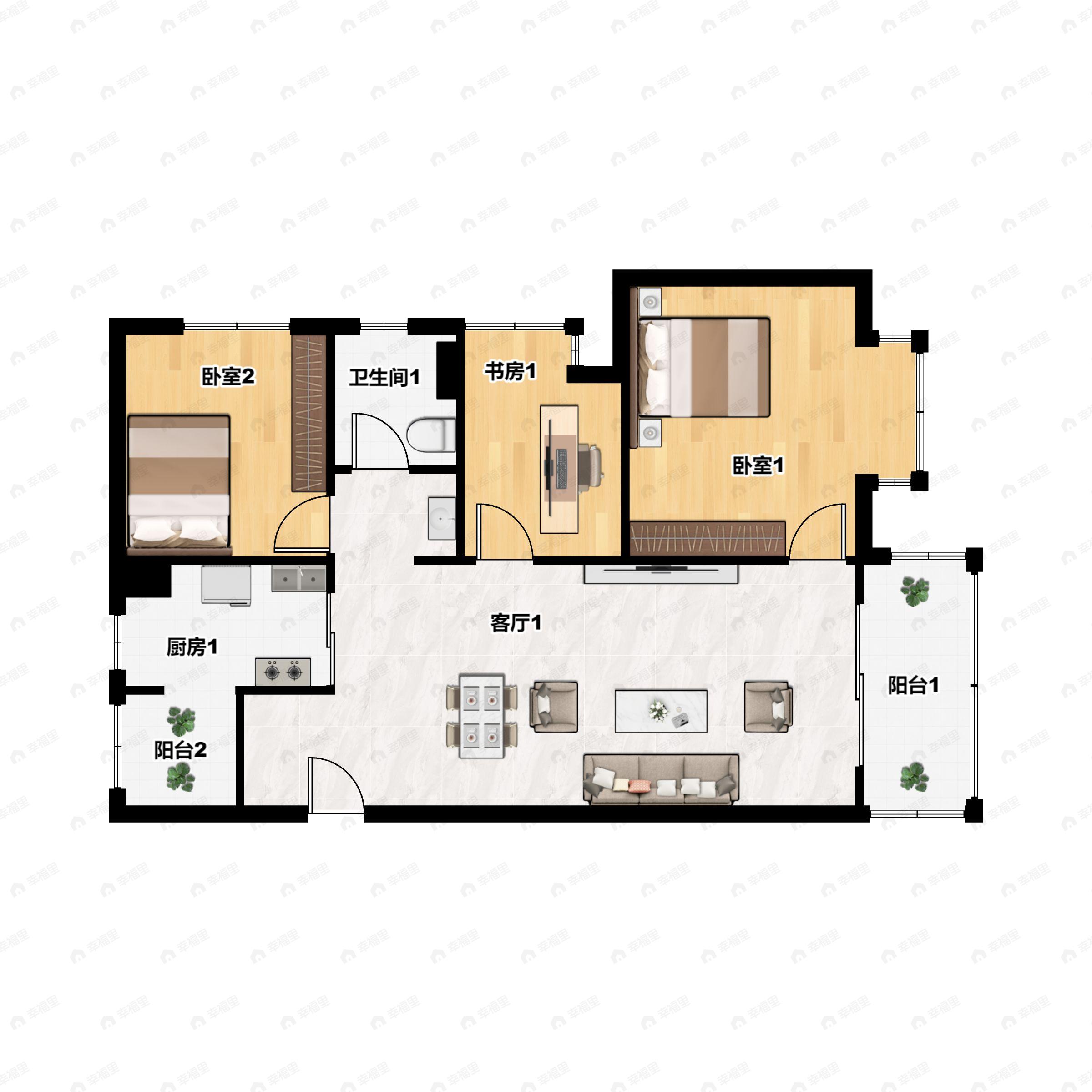 3室2厅1卫建面95m²南户型图