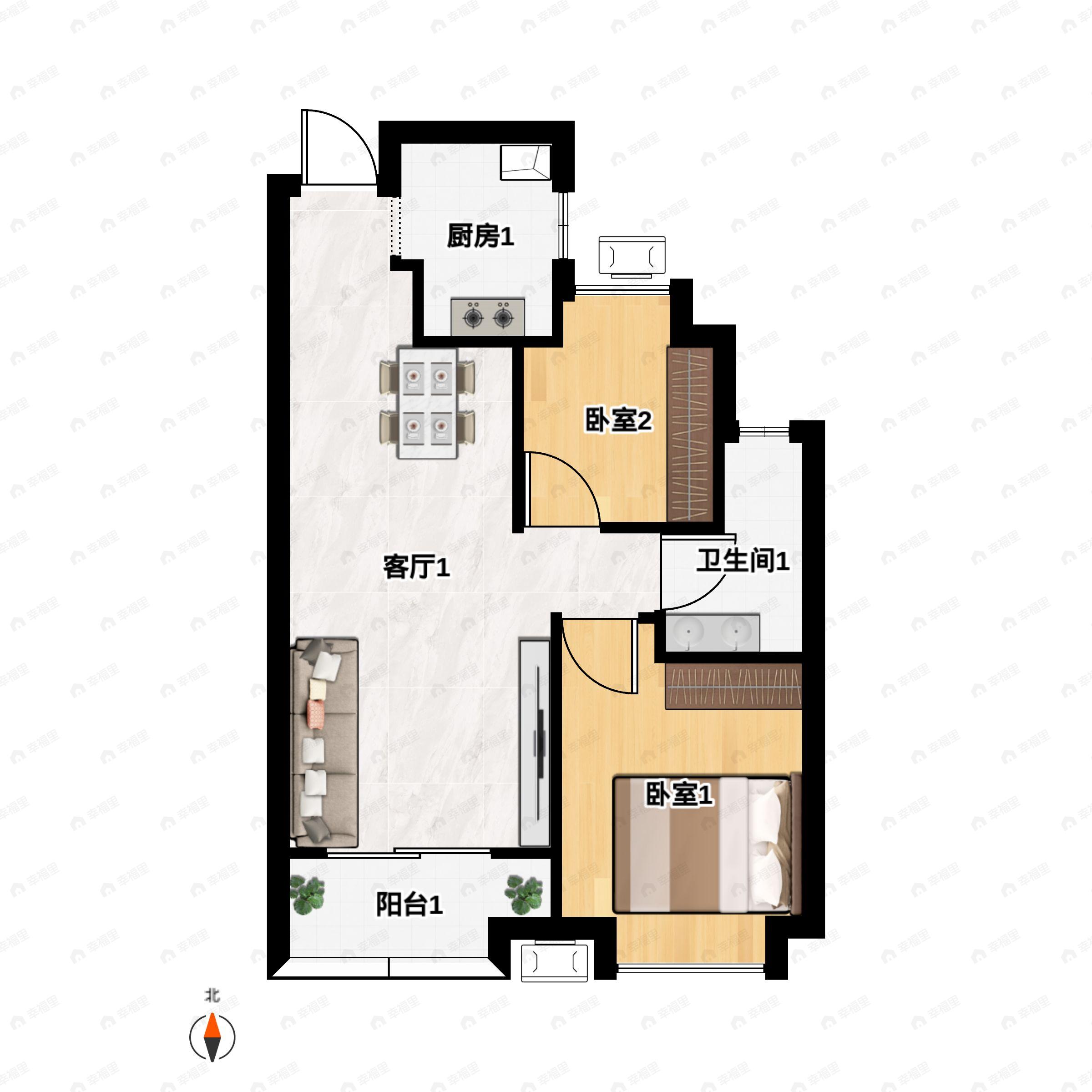 2室2厅1卫建面81m²户型图