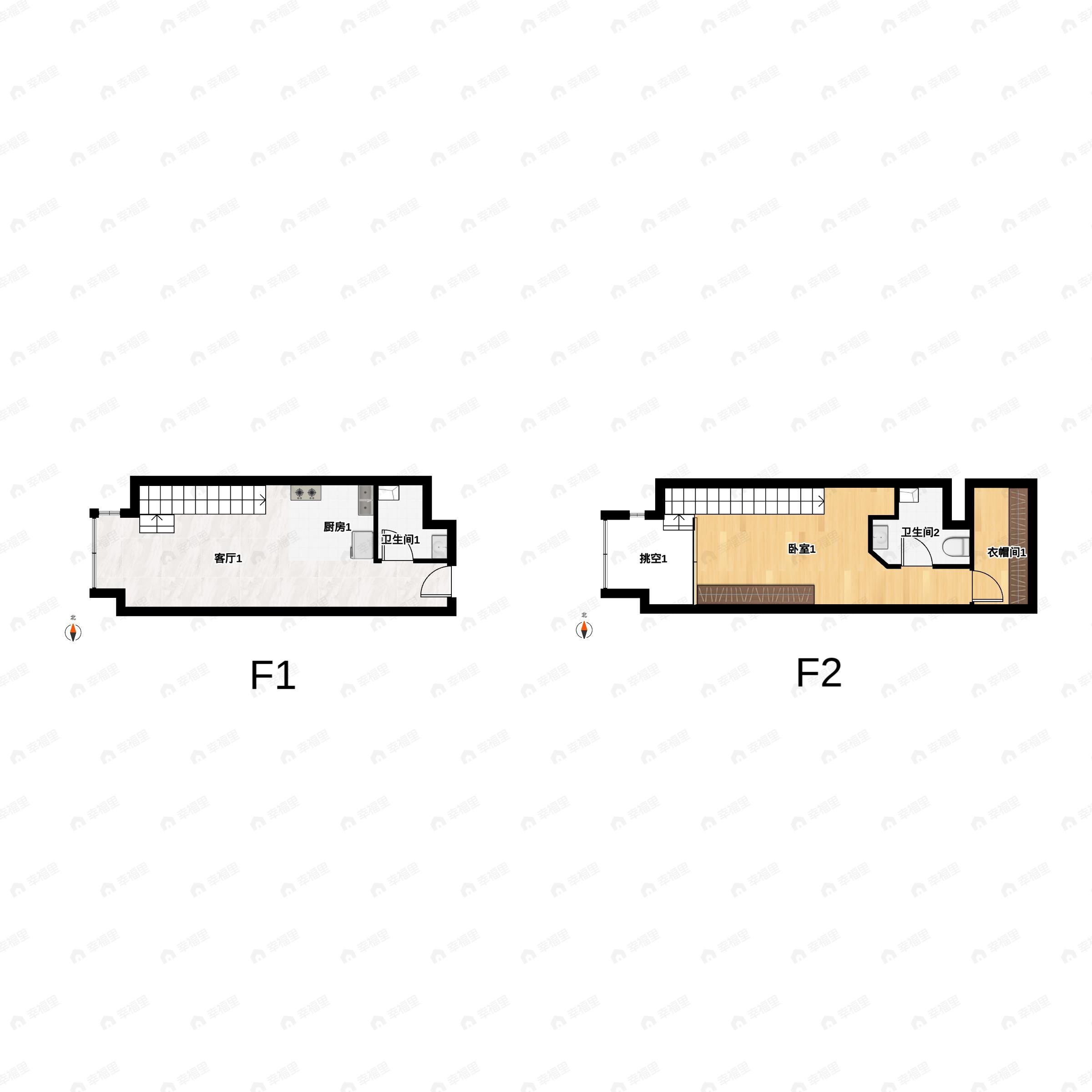 1室2厅2卫建面45平户型图