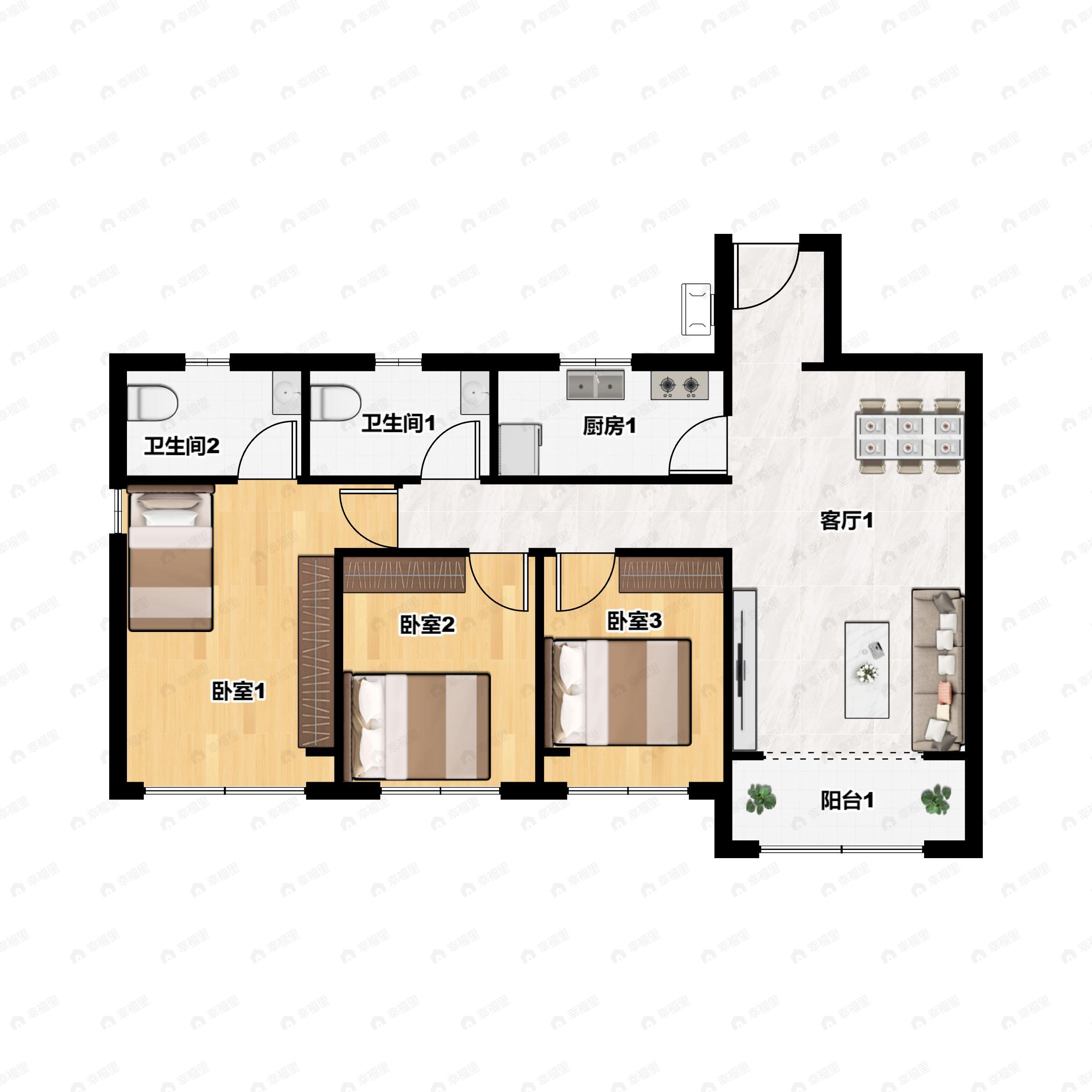 3室2厅2卫建面128平户型图