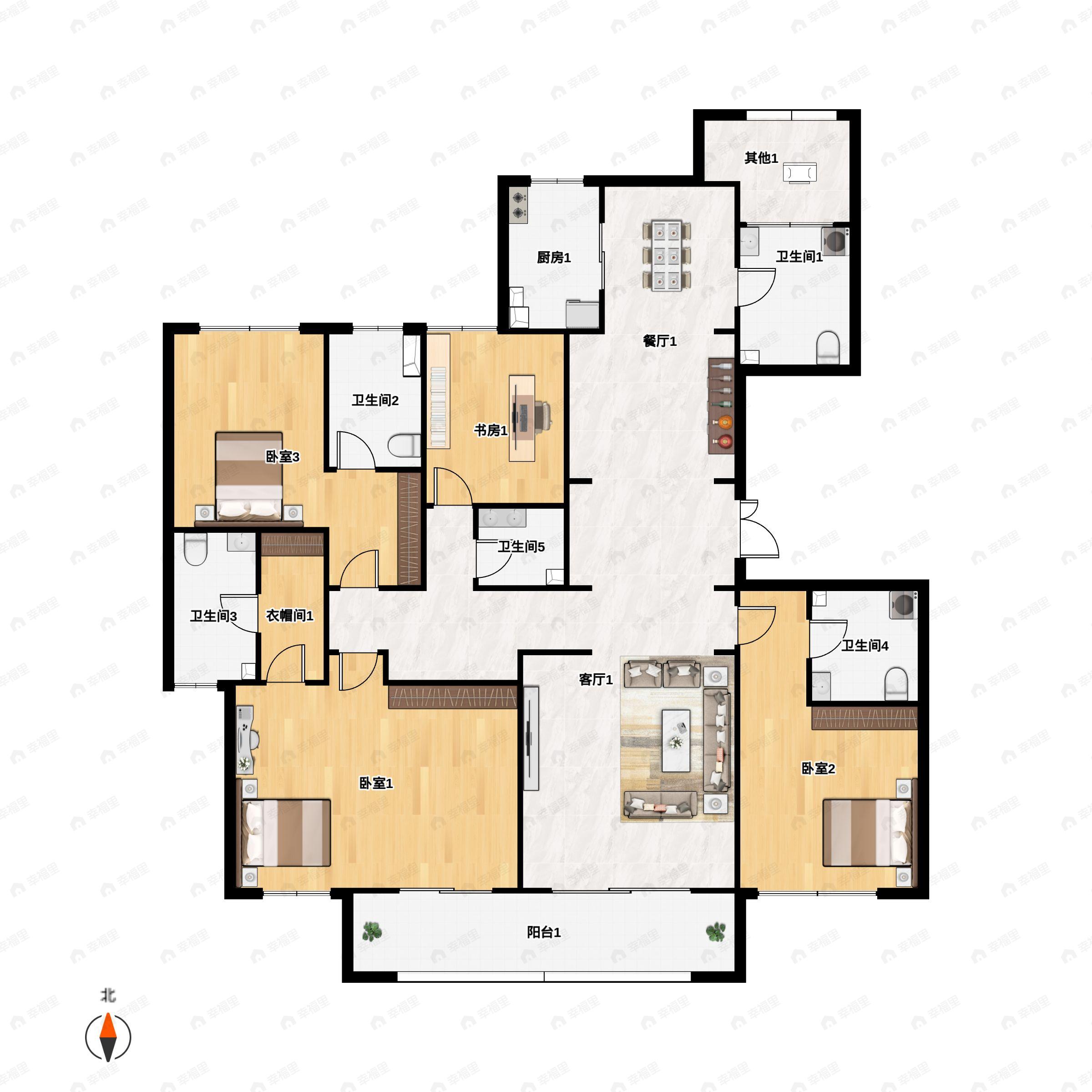 4室2厅5卫建面220m²南|北户型图