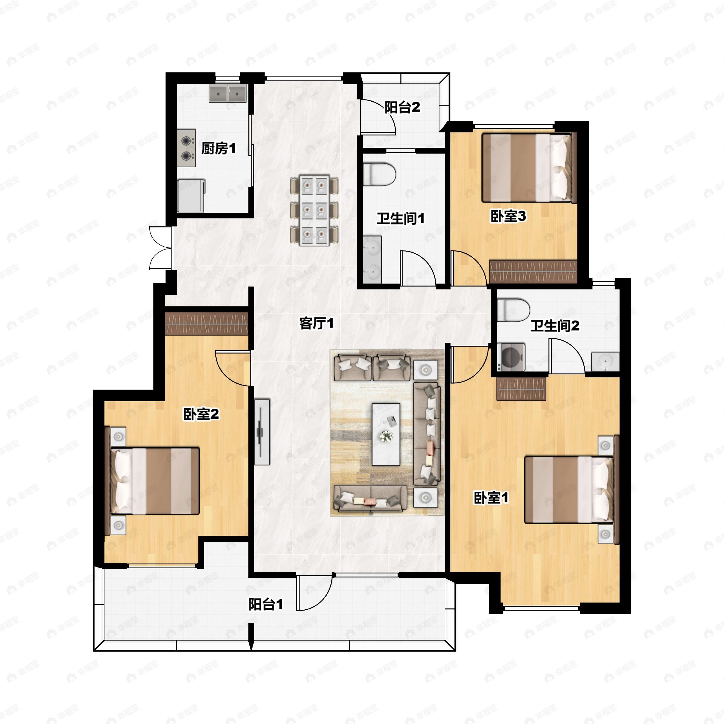 3室2厅2卫建面126平南户型图