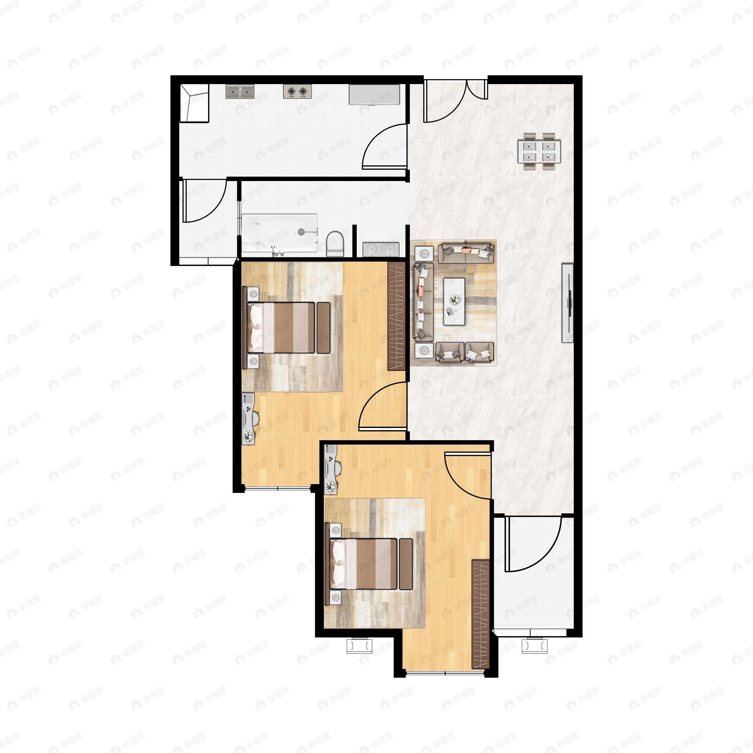 2室2厅1卫建面66平南户型图