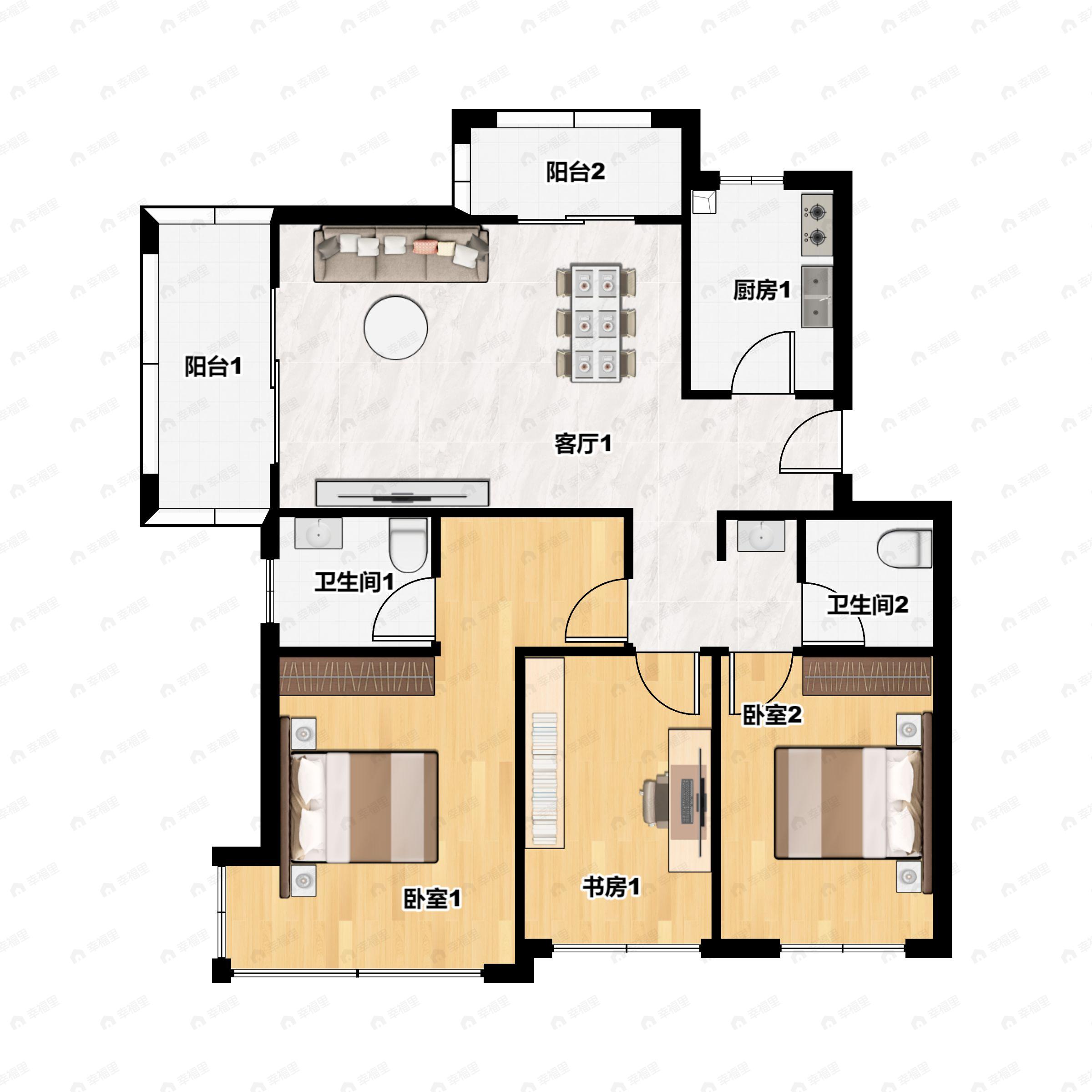 3室2厅2卫建面101平南|西|北户型图