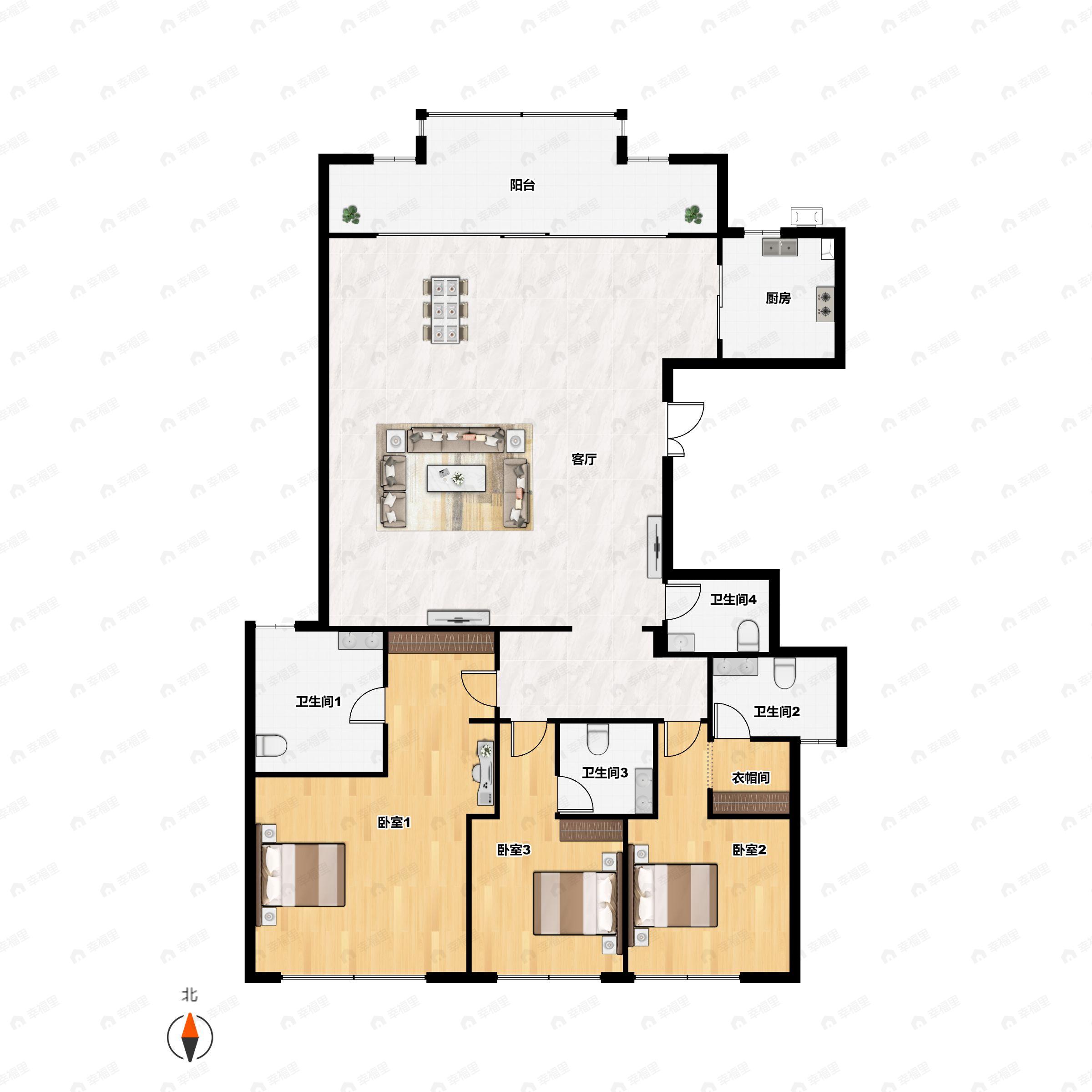 3室2厅4卫建面183平户型图