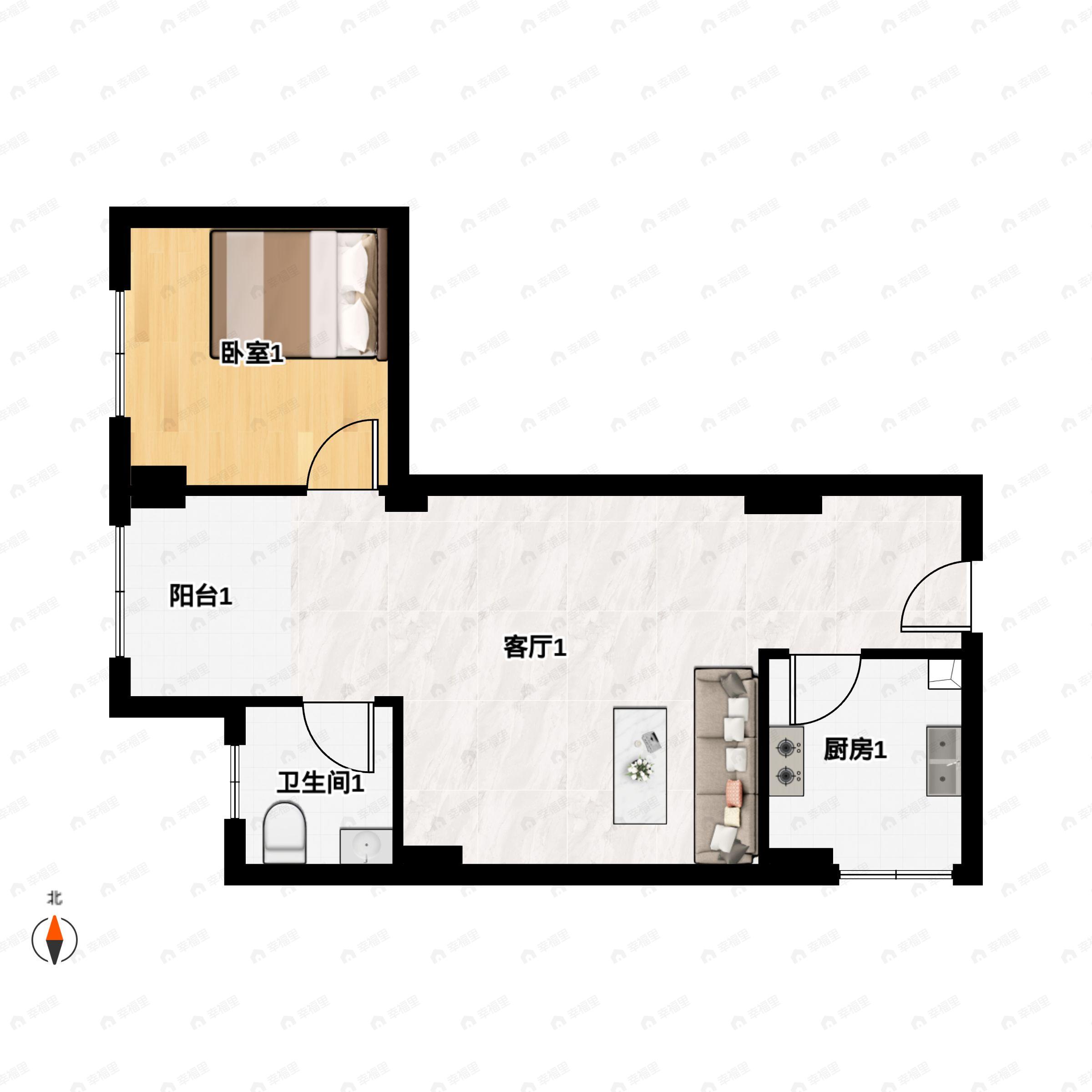 1室1厅1卫建面64m²南户型图