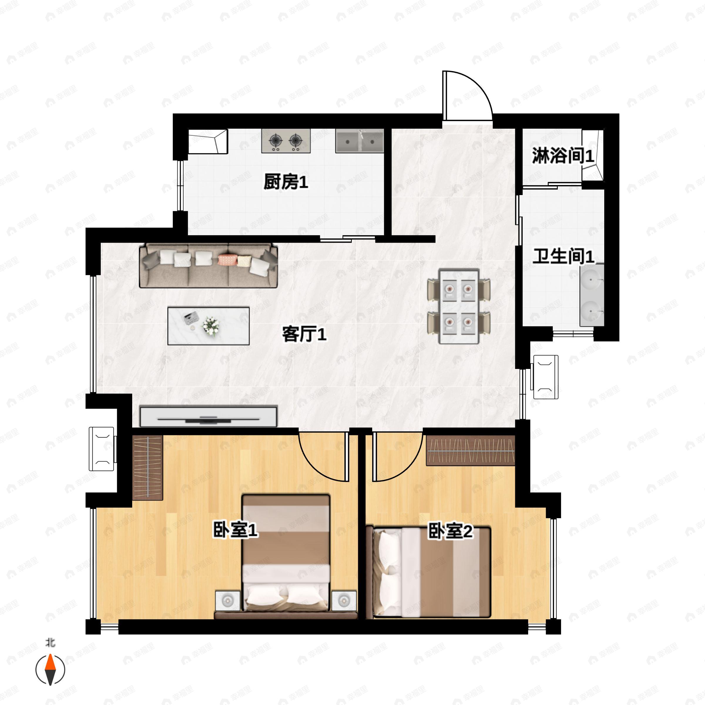 2室2厅1卫建面65m²西|南|东户型图