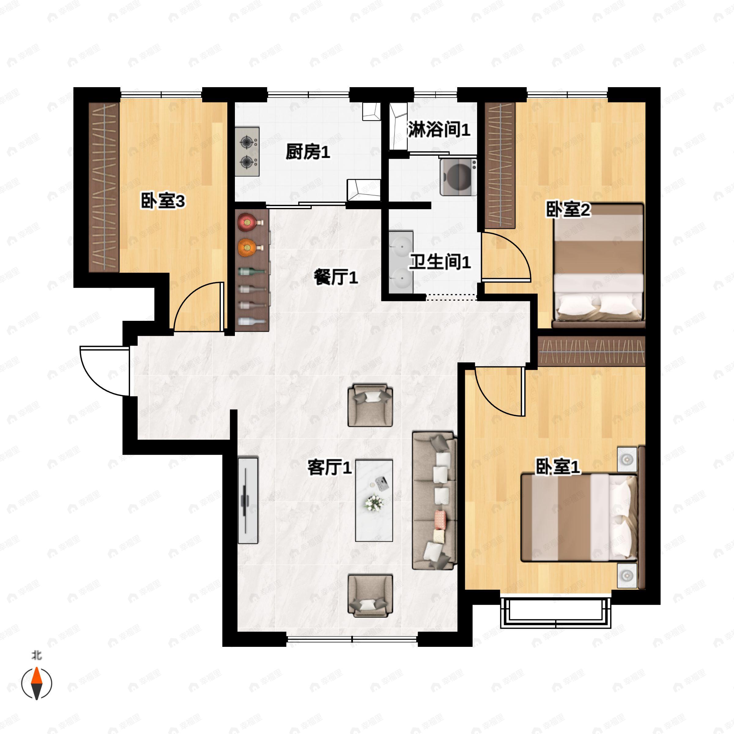 3室2厅1卫建面117平户型图