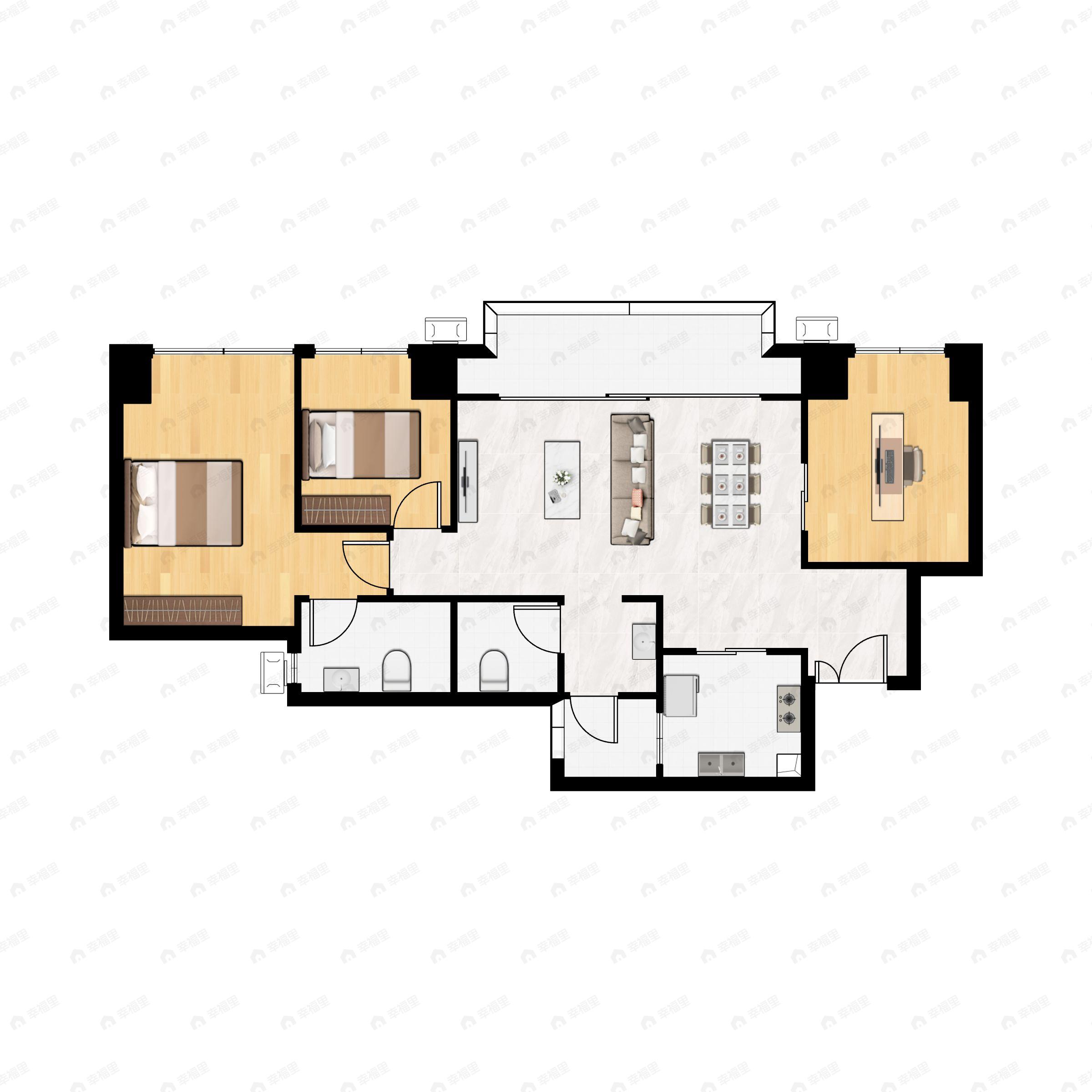 3室2厅2卫建面86m²北户型图