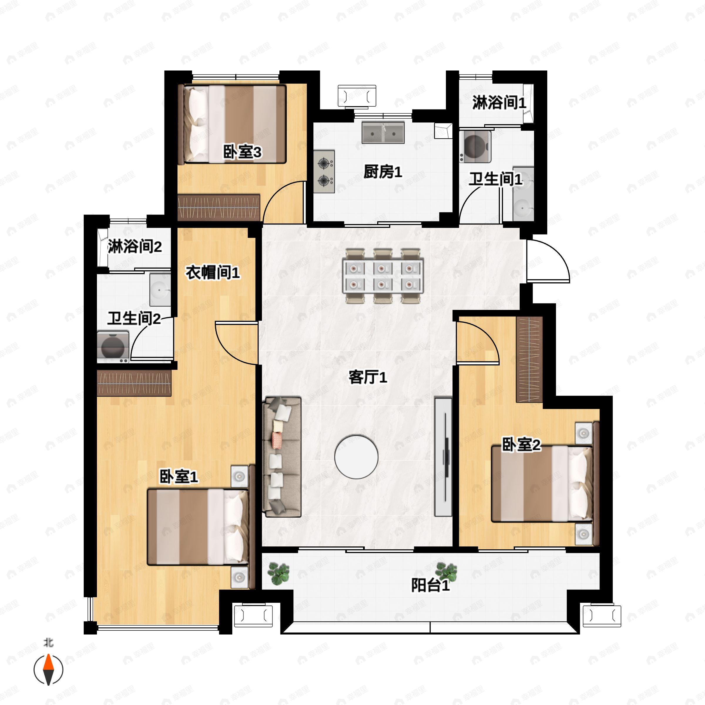 3室2厅2卫建面110m²北|南户型图