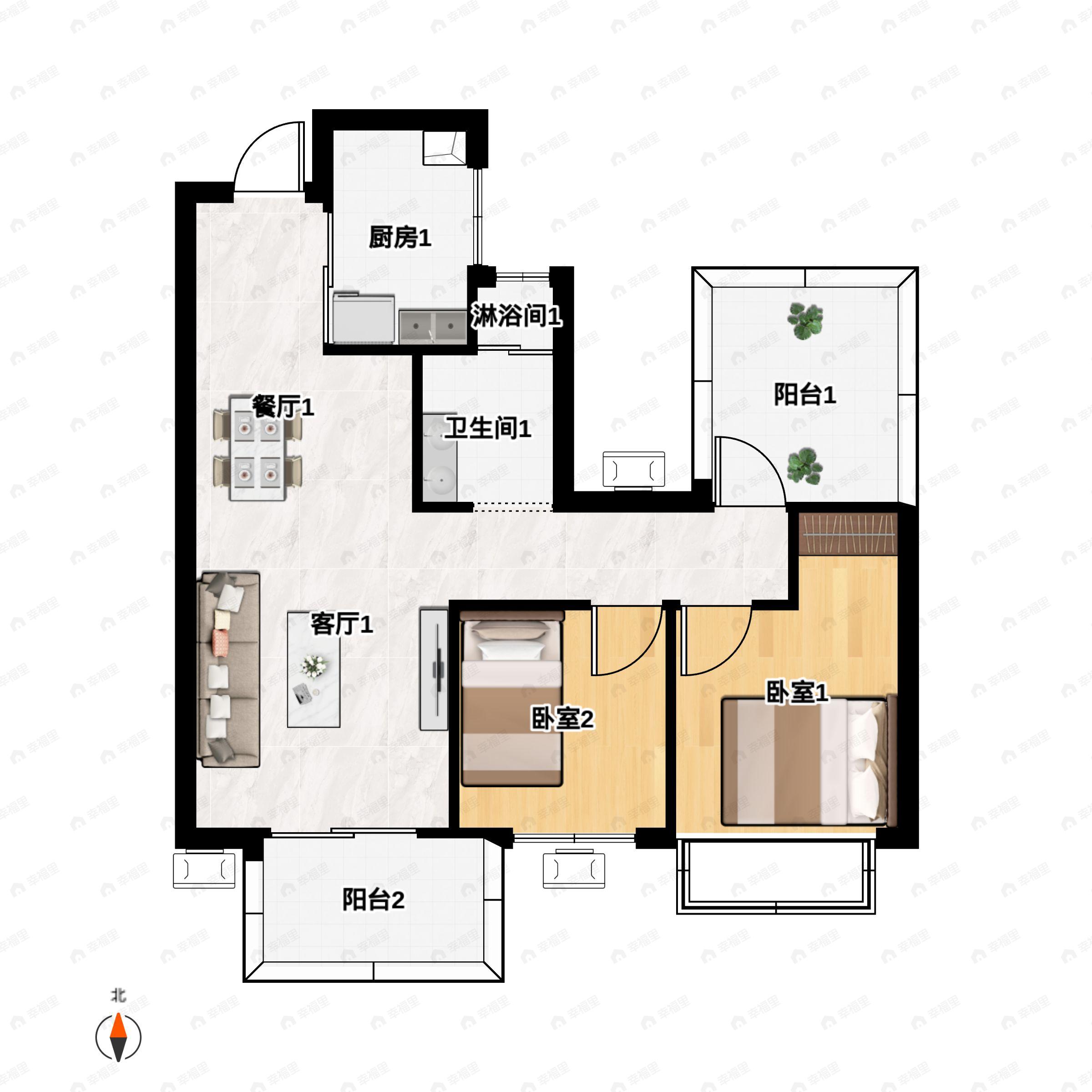 2室2厅1卫建面70m²南户型图