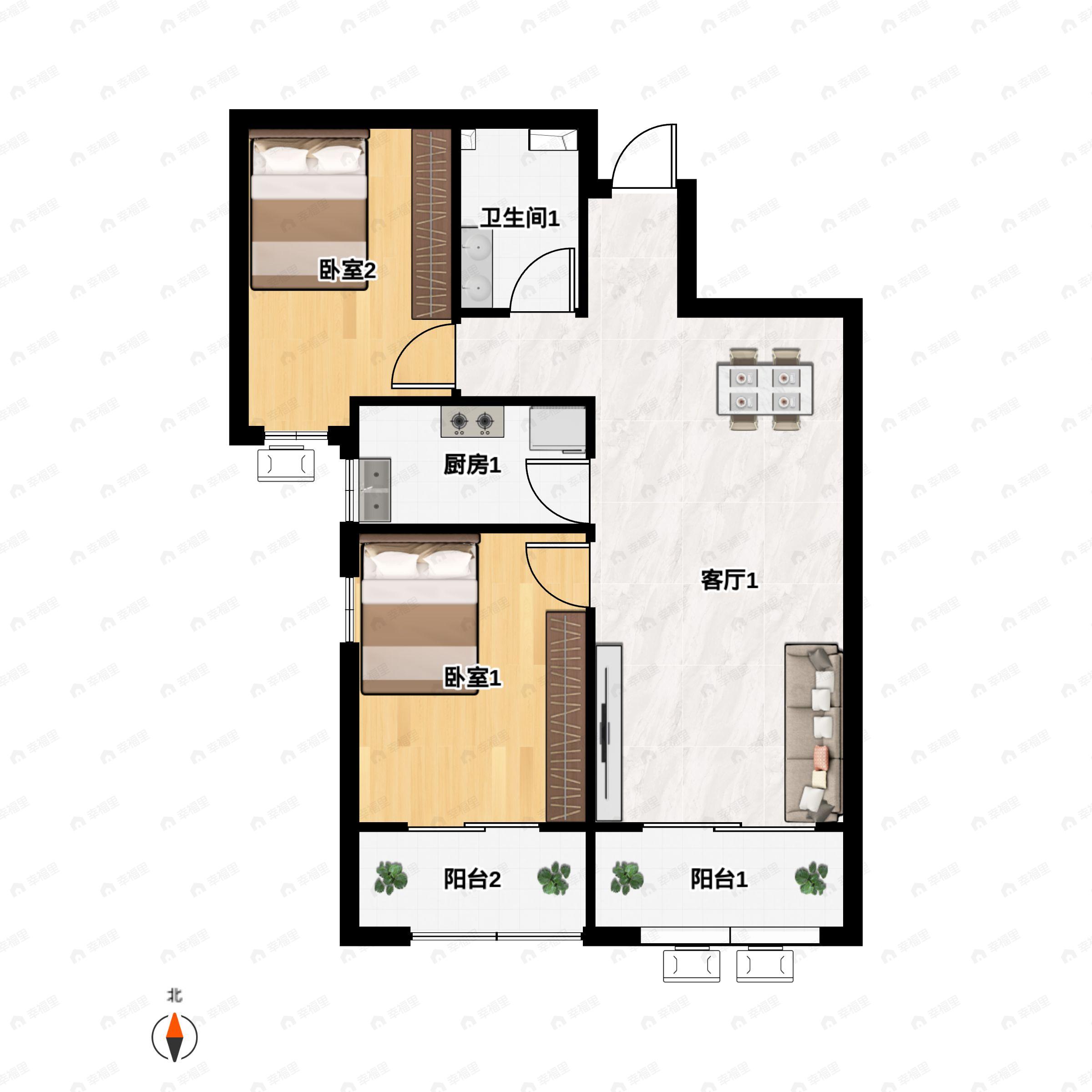 2室2厅1卫建面86m²南|北户型图