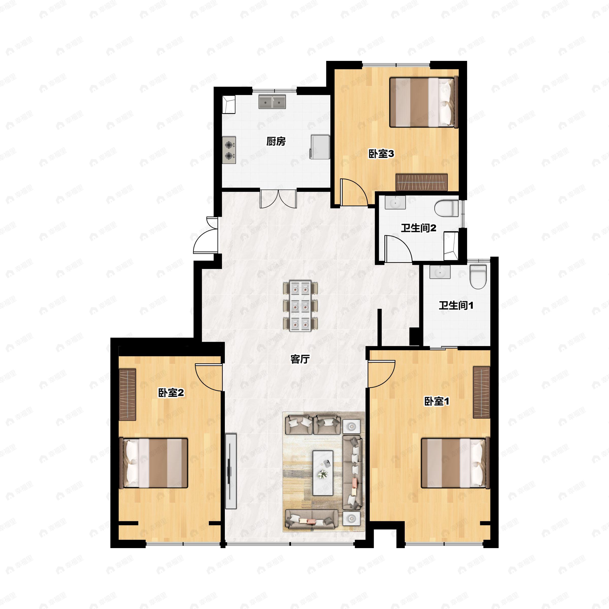 3室2厅2卫建面134m²北|南户型图