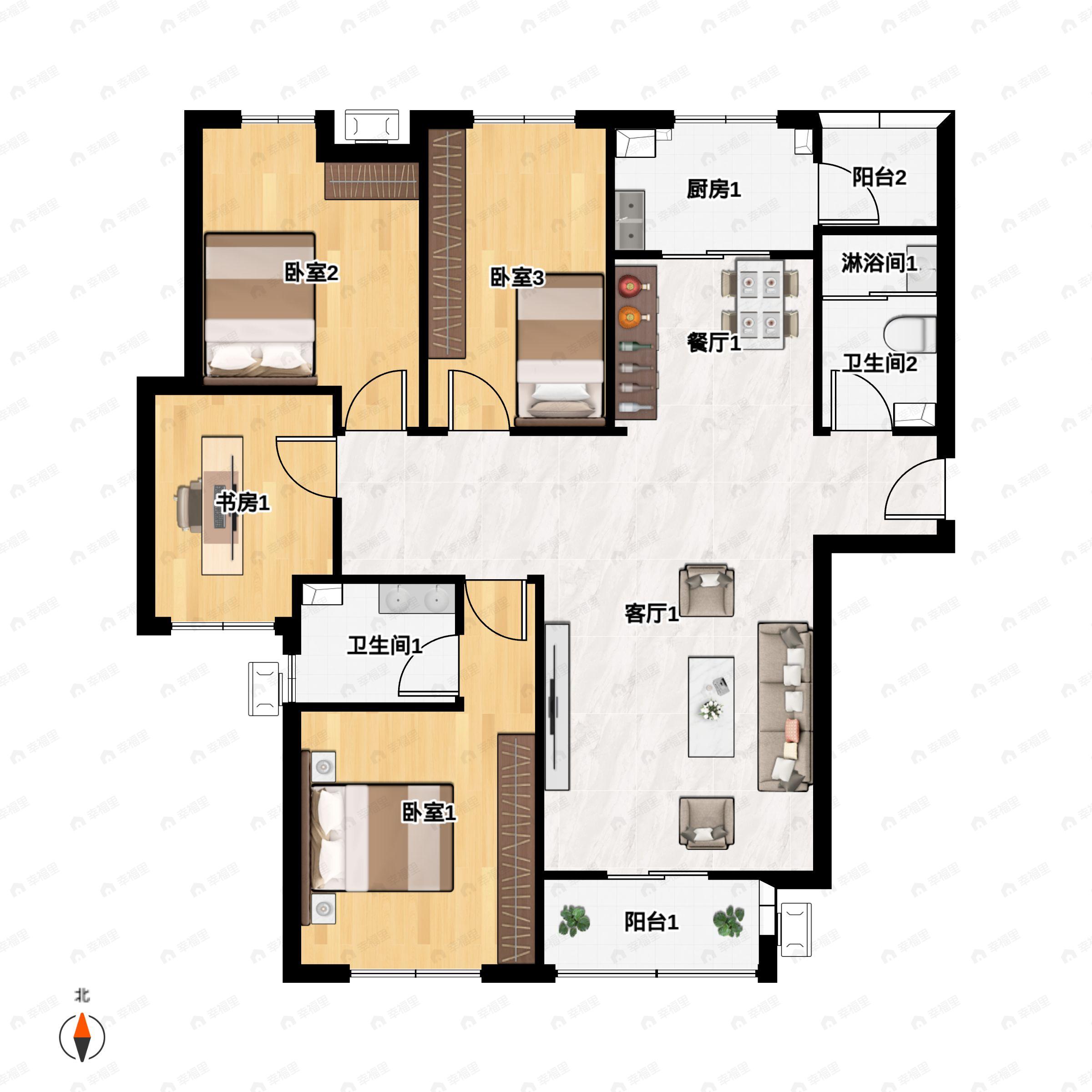 4室2厅2卫建面144平北|南户型图