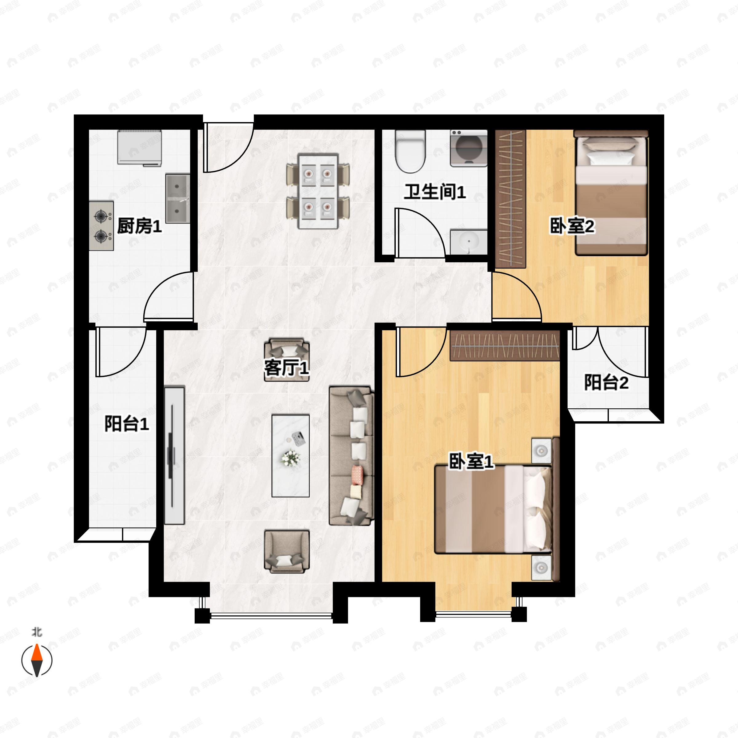 2室2厅1卫建面82平南户型图