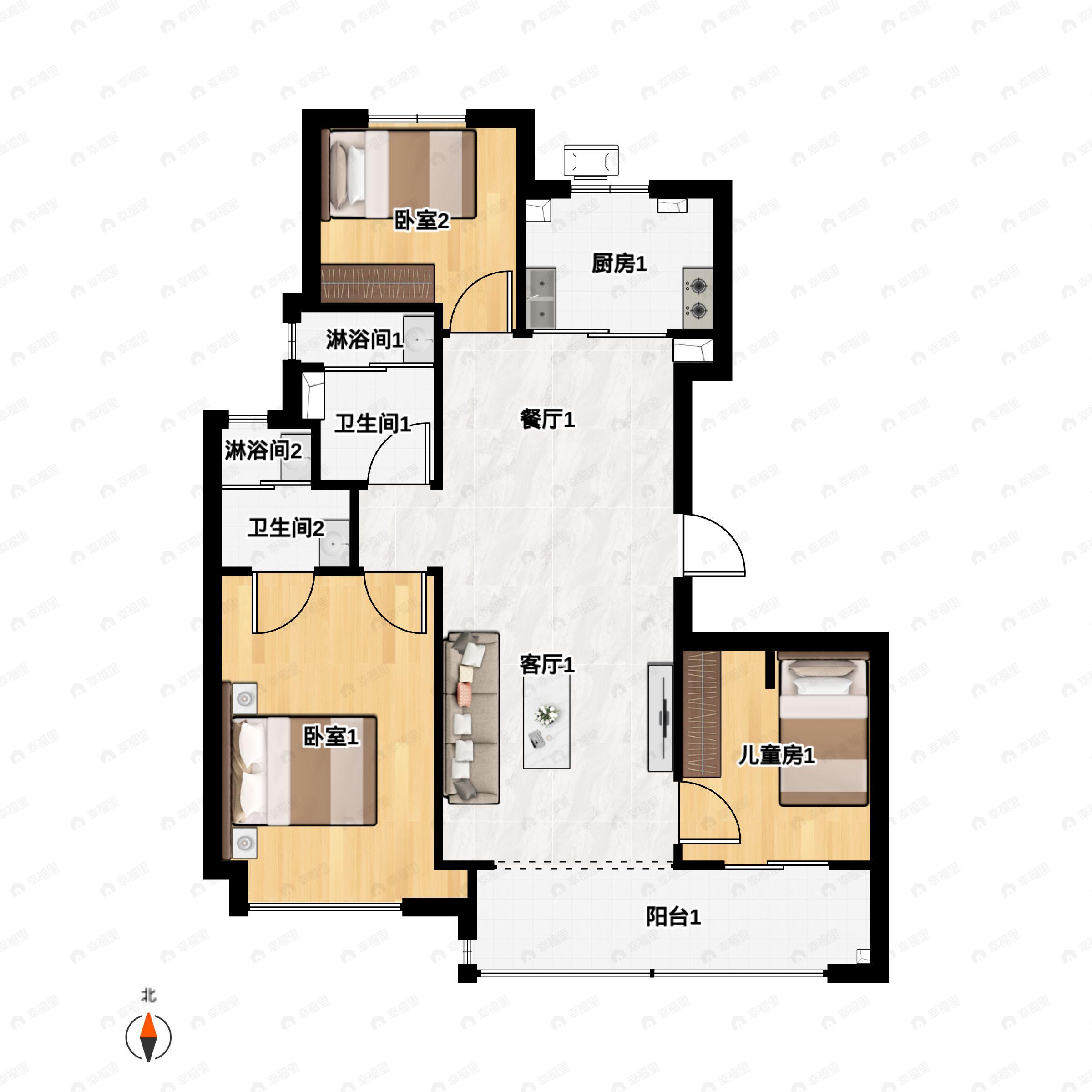 3室2厅2卫建面116m²南户型图